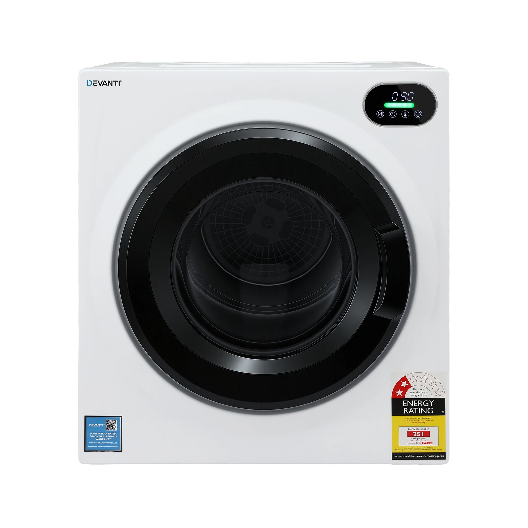 1 Devanti 6kg Tumble Dryer, Intelligent Touch Screen Clothes Dryer with 4 Drying Modes Stainless Steel Drum - White, 1 of 9