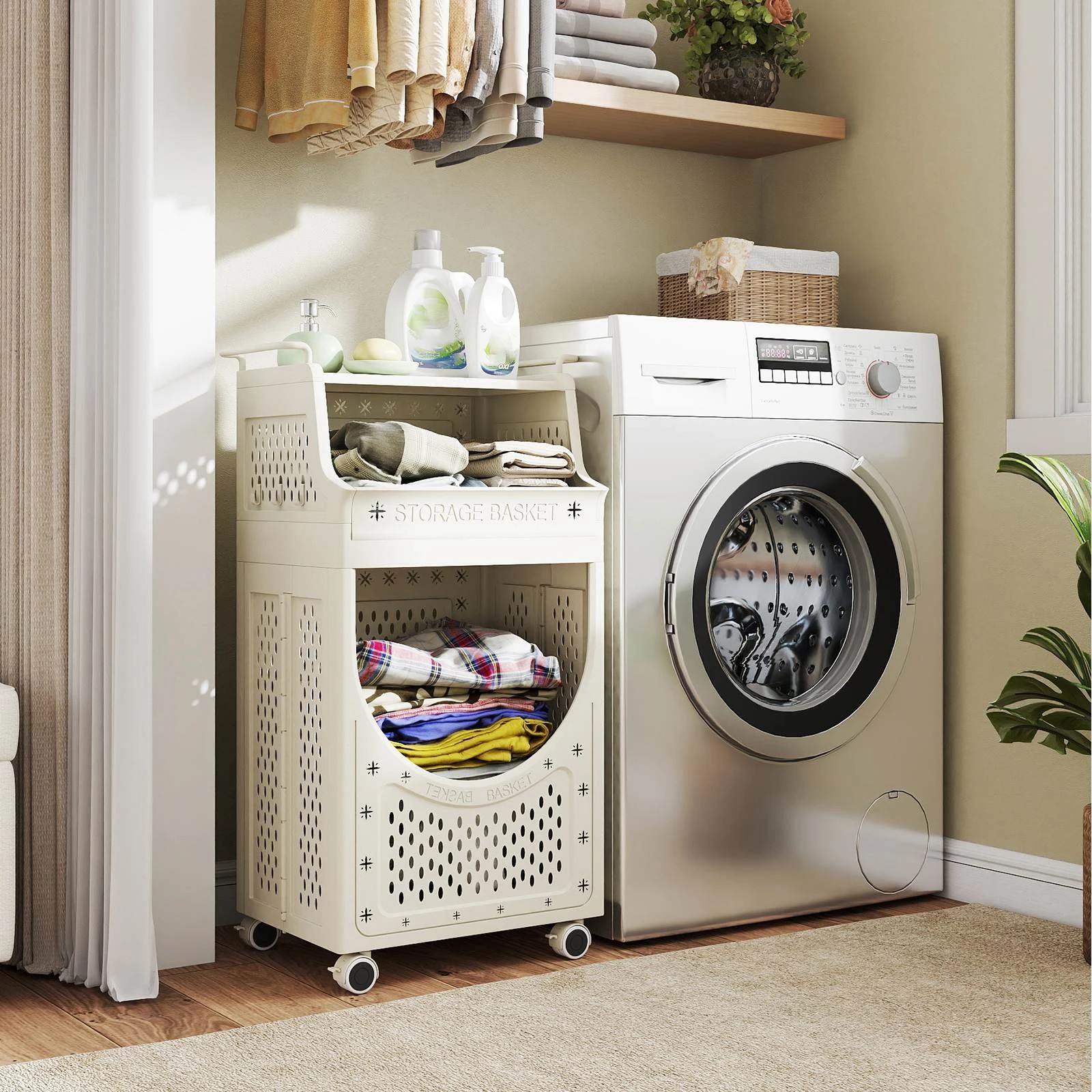 5 Costway 3-Tier 61L Laundry Cart Folding Hamper w/6 Hanging Hooks Utility Cart, 5 of 5