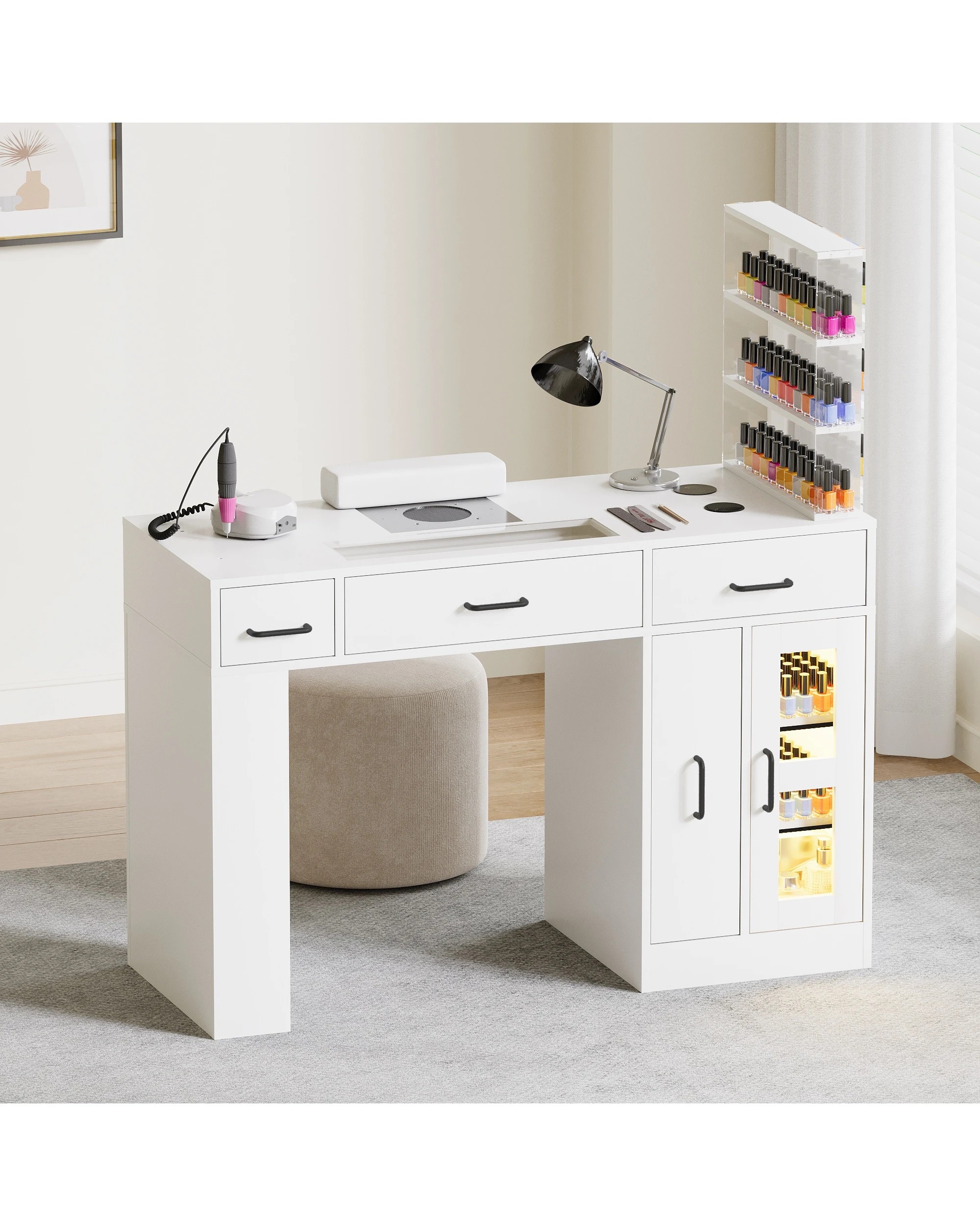 3 Advwin Vanity Nail Desk Manicure Table w/Glass Top Drawer Dust Collector Wireless Charging LED Light - White, 3 of 10