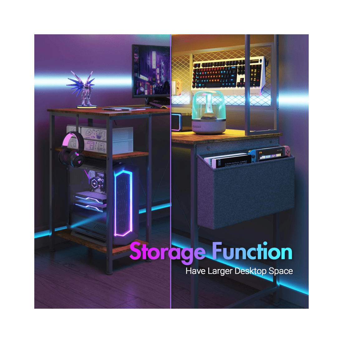 5 Advwin 170cm L Shaped Gaming Desk With Led Lights & Power Outlets Reversible Storage Shelf Computer Corner Desk Walnut, 5 of 10