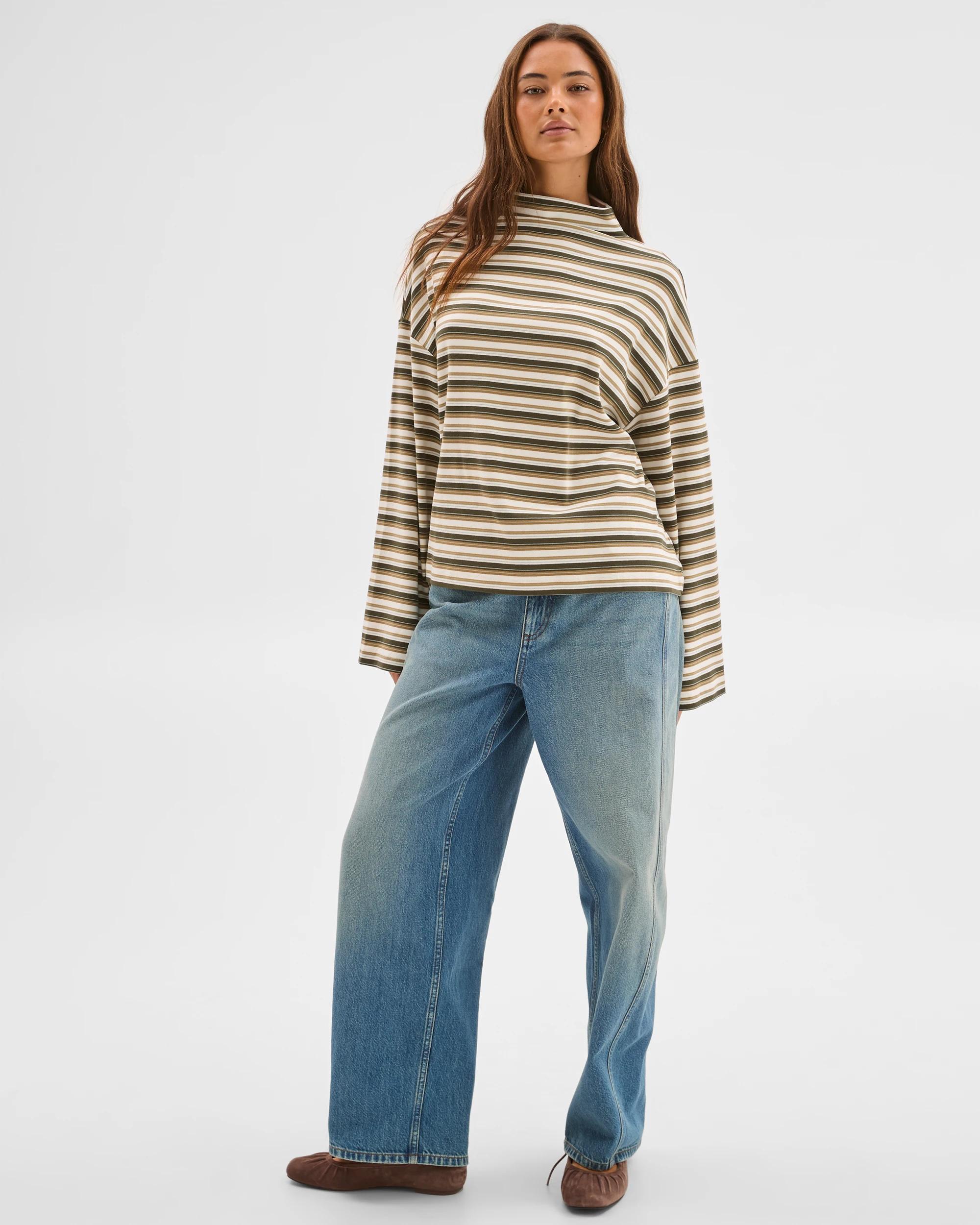 2 Lily Loves Australian Cotton High Neck Long Sleeve T-Shirt GREEN STRIPE, 2 of 6