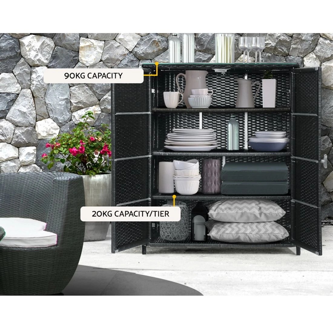 7 Gardeon Outdoor Storage Cabinet Box Garage Wicker Shelf Chest Garden Shed Tools - Black, 7 of 8