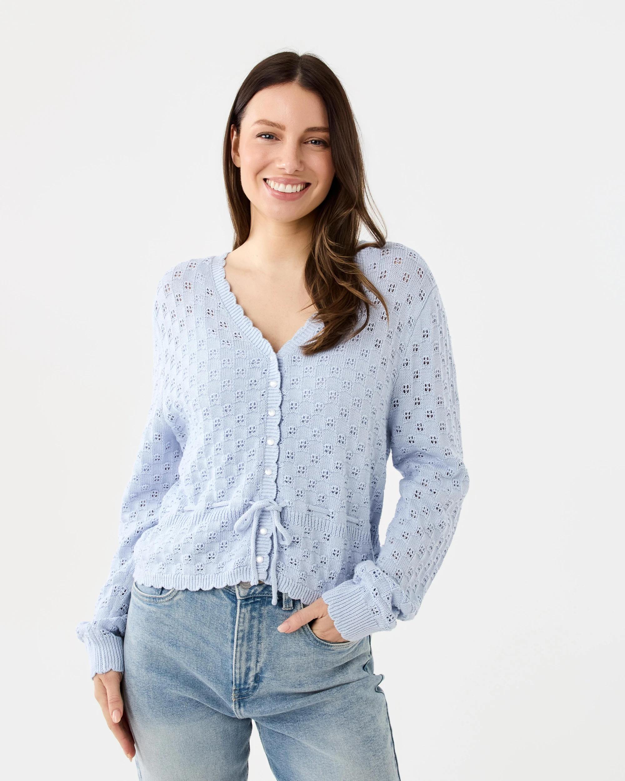 1 Pointelle Tie Waisted Cardigan Powd Blue, 1 of 8
