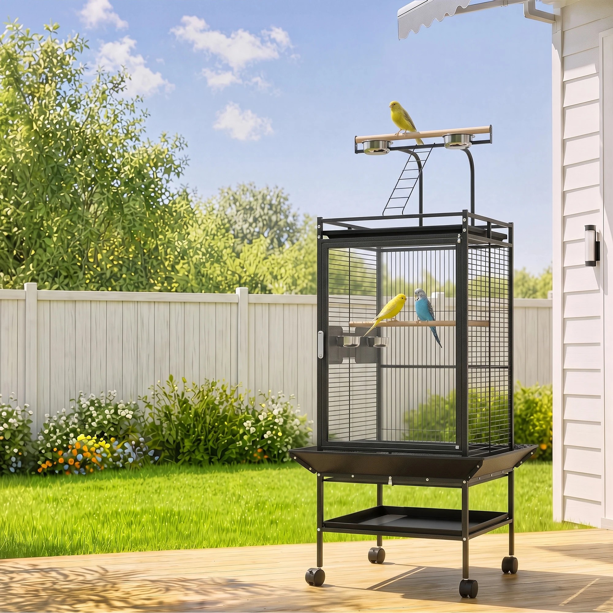 7 i.Pet Bird Cage Large Cages 155cm Parrot Aviary Stand-Alone Budgie Wheels - Black, 7 of 7