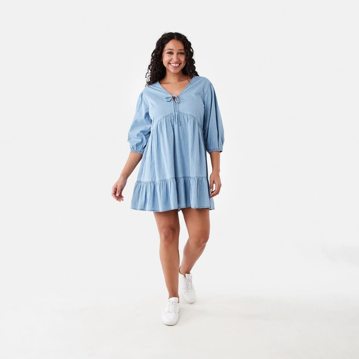 7 3/4 Balloon Sleeves Tie Front Mini Dress Light Wash, 7 of 7