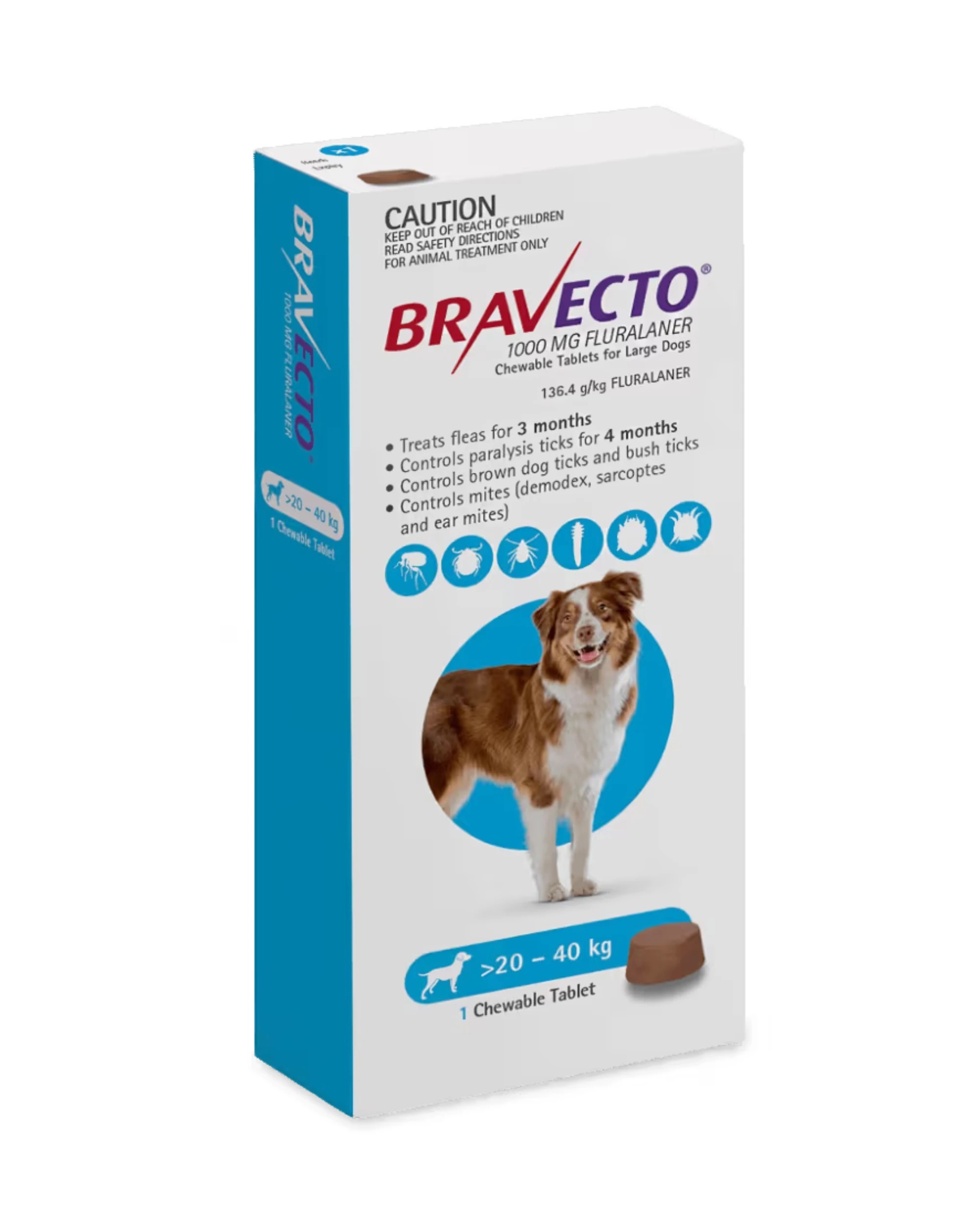 1 Bravecto For Large Dogs Blue 20-40kg Chew - 1 Pack, 1 of 2