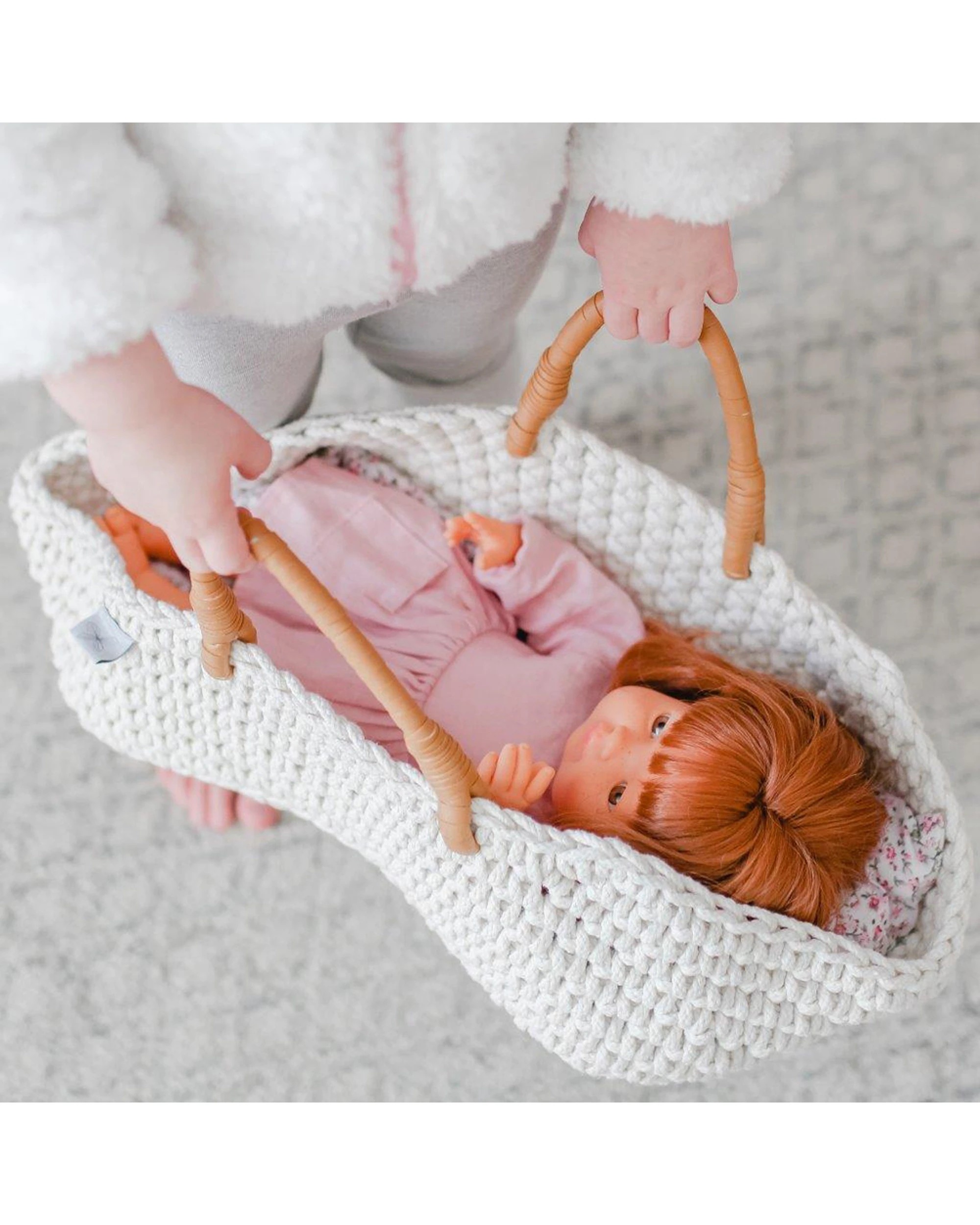 2 By Astrup Knitted Basket And Bedding Set For Miniland Doll Kids 38cm - Natural, 2 of 2