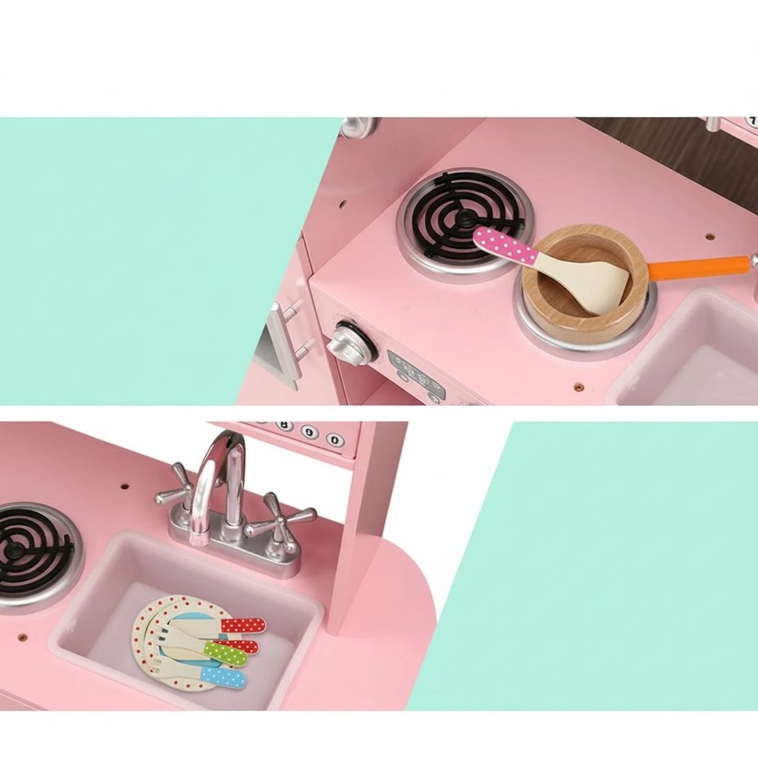 5 Keezi Kids Kitchen Play Set Wooden Pretend Toys Cooking Children Storage - Pink, 5 of 6