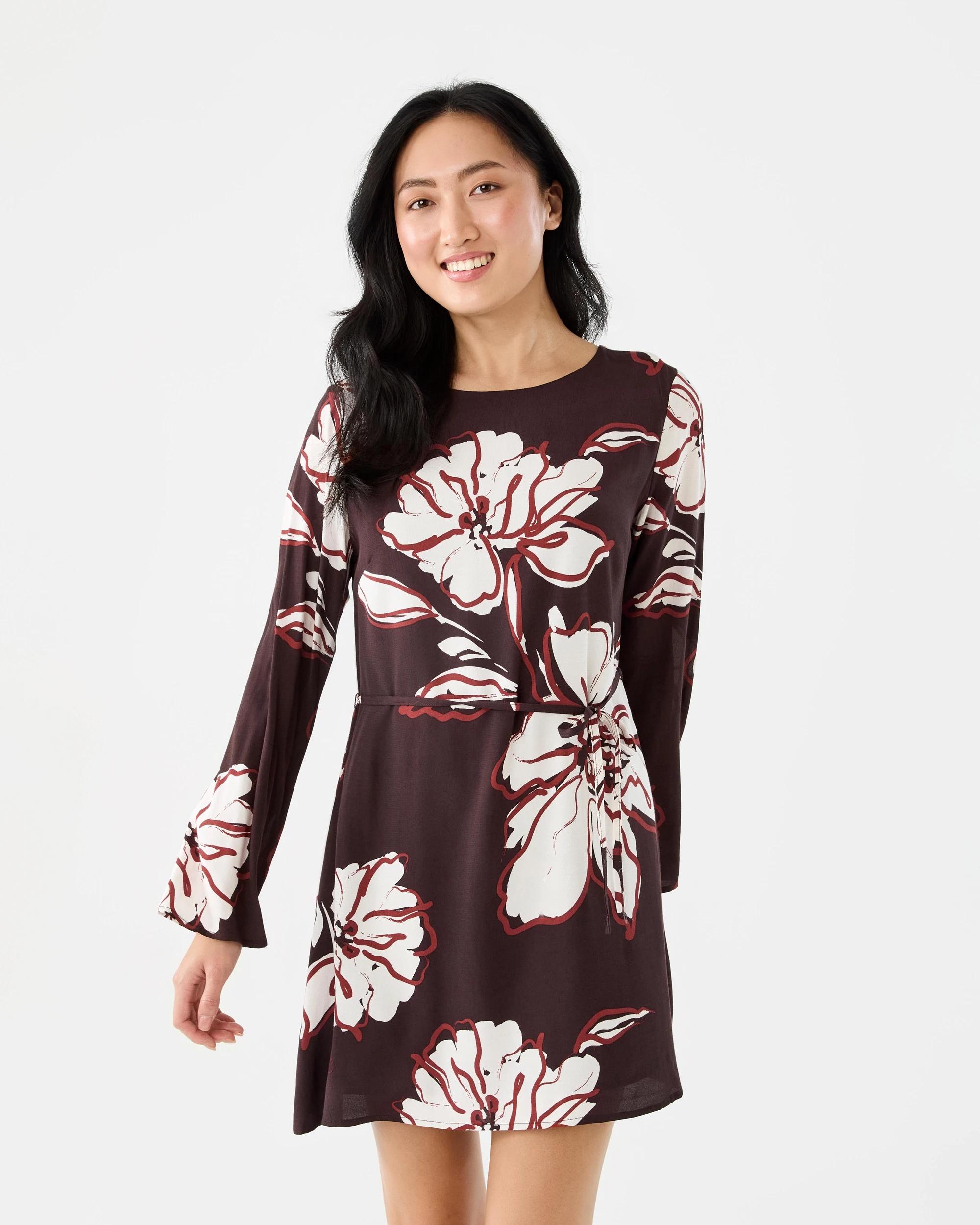 1 Long Sleeve Crepe Tie Mini Dress Abst Cloud, 1 of 9