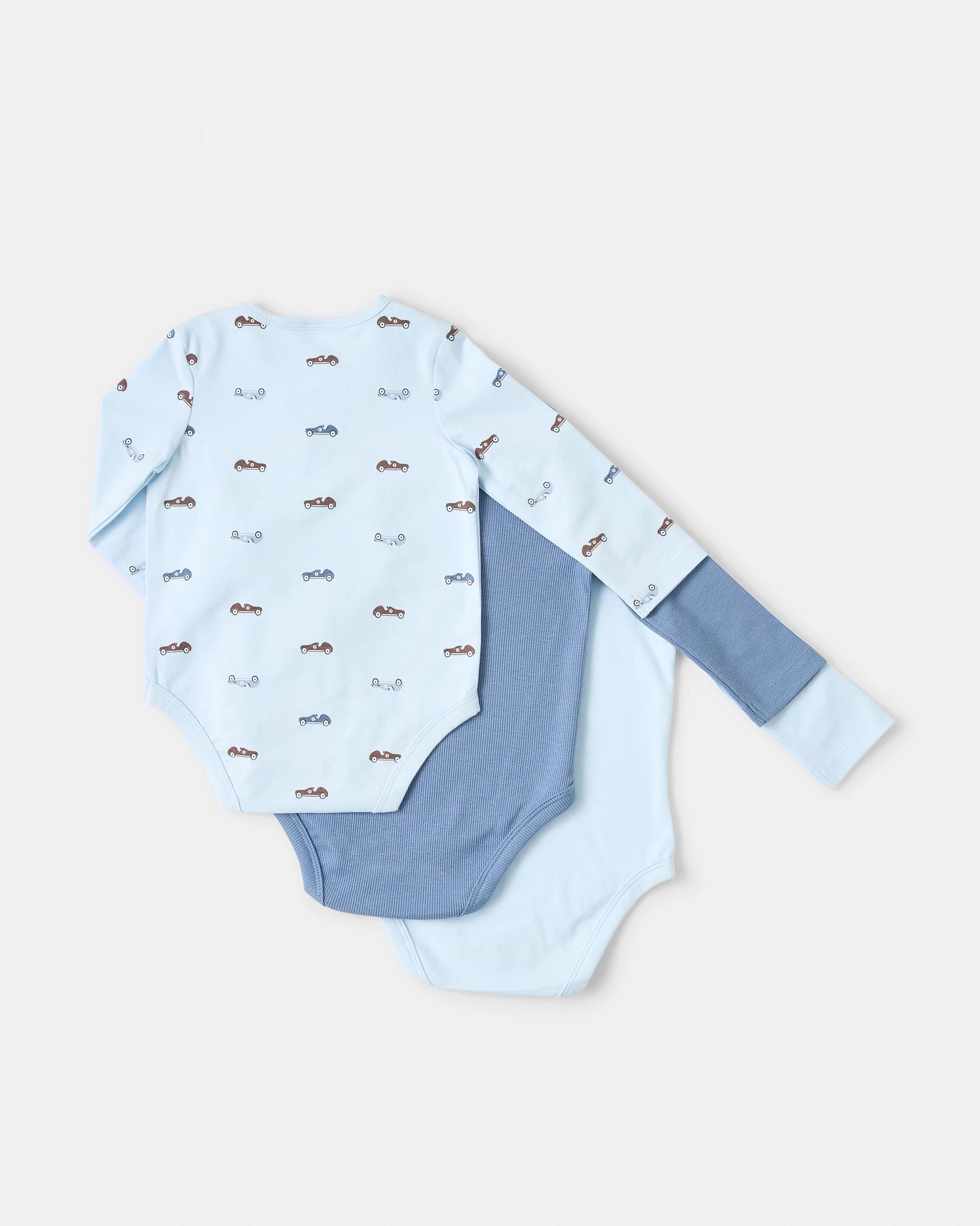 2 3 Pack Cotton Long Sleeve Bodysuits Blu Car, 2 of 8