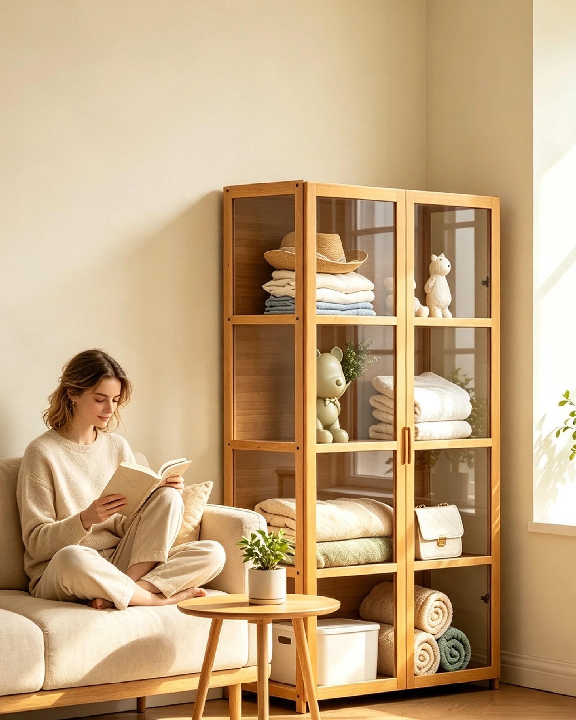 Foret 4tier Bamboo Storage Display Cabinet With Clear Double Doors 82cm ...