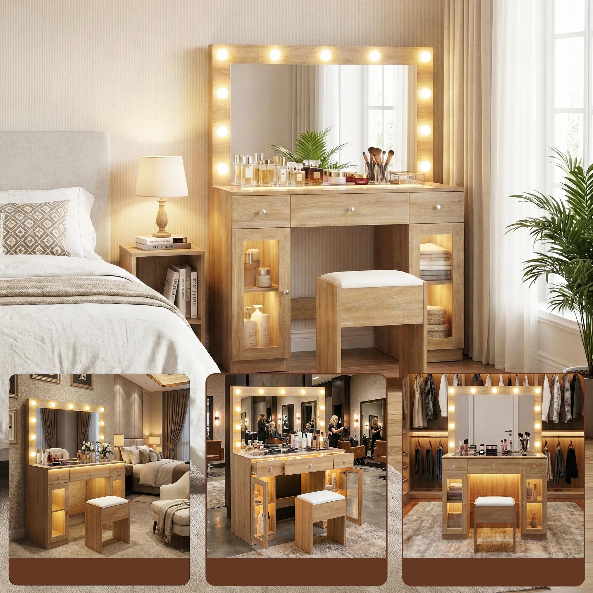 8 Artiss Dressing Table Vanity Desk Set LED Bulbs RGB Light - Natural, 8 of 9