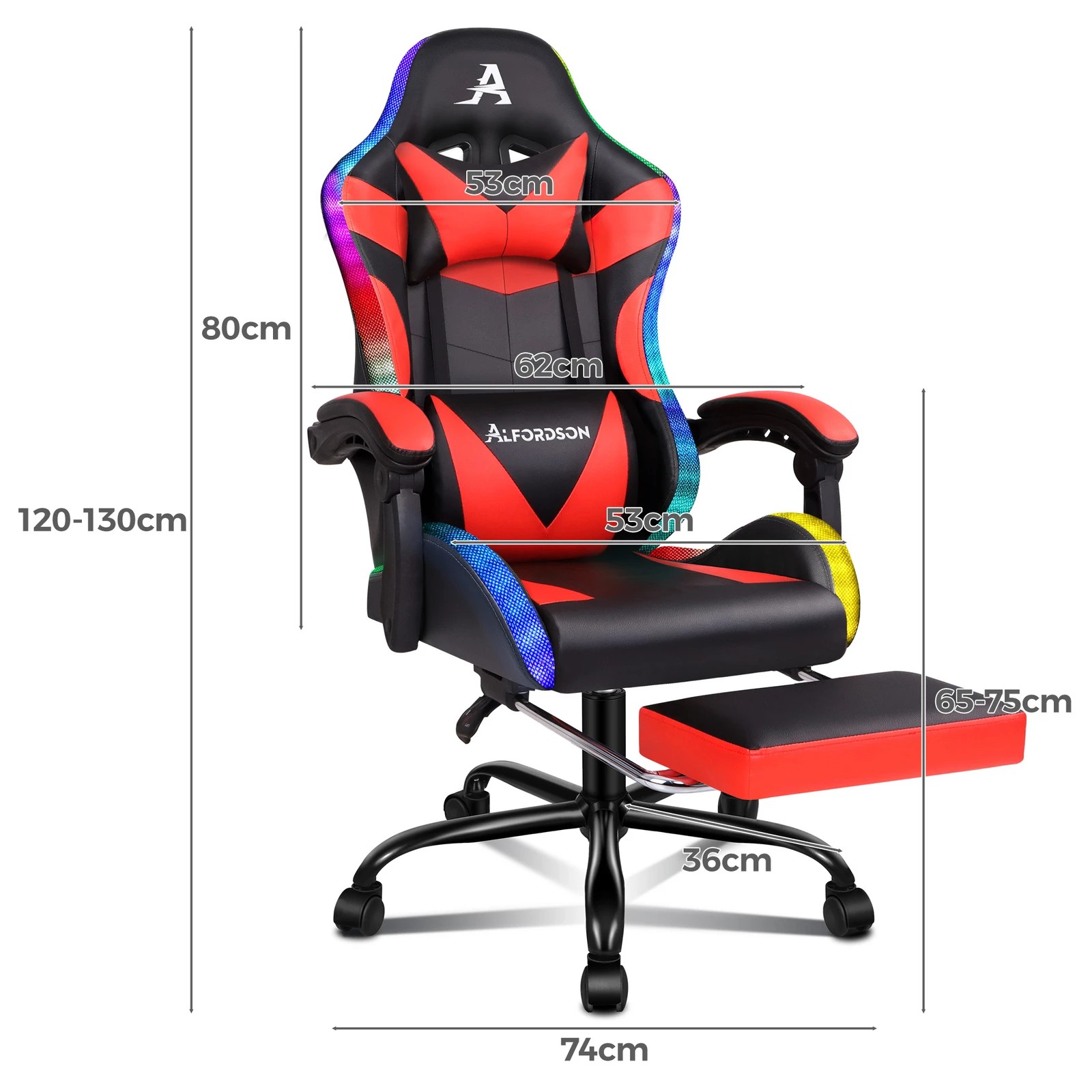 3 Alfordson Gaming Chair Office Massage 12 RGB LED Computer Seat PU Leather - Red, 3 of 10