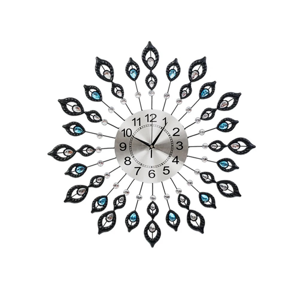 1 Artiss 60cm Wall Clock Large 3D Peacock Crystal - Black, 1 of 5