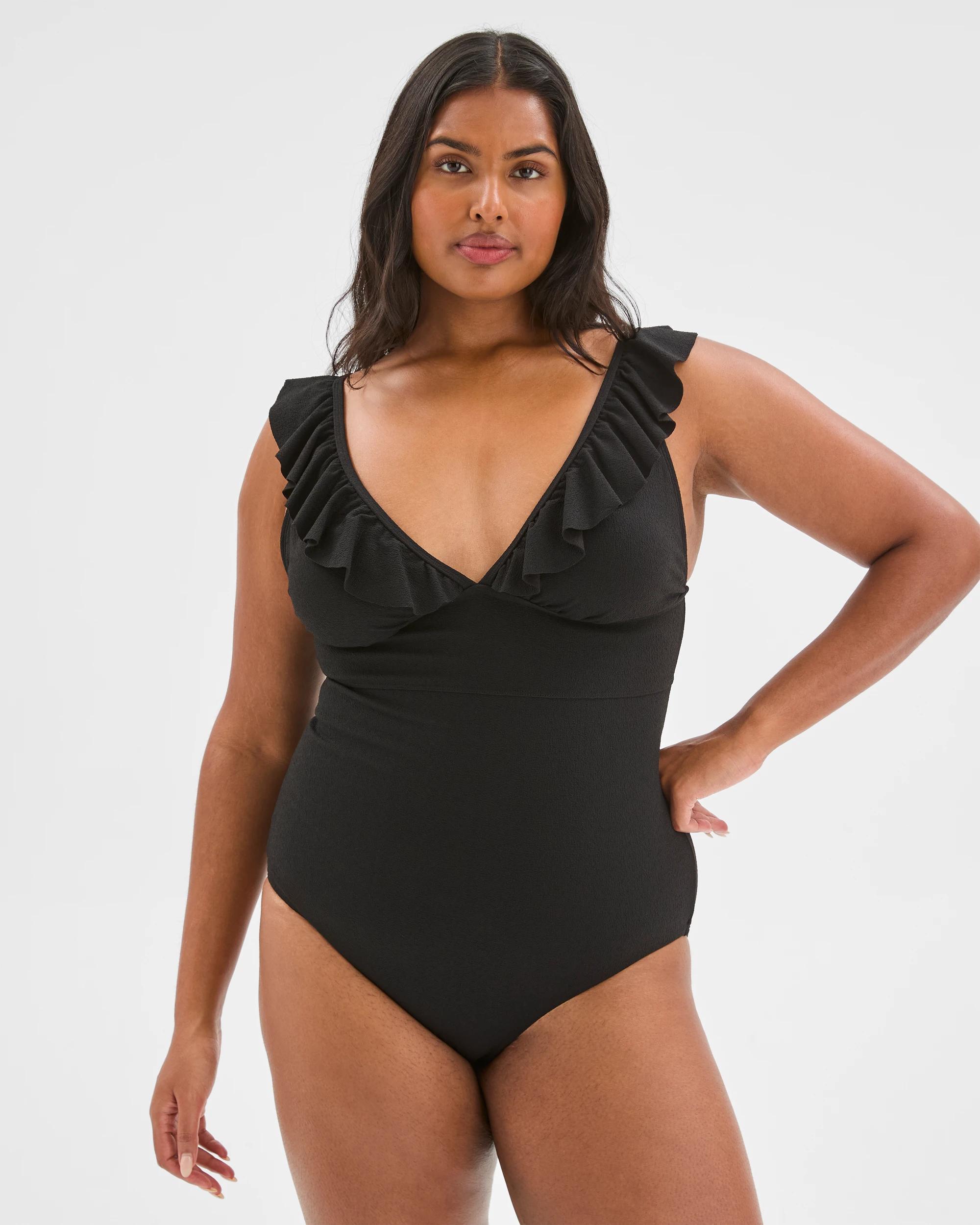 8 Target Woman Shape Your Body Resort V-Neck Frill Soft Textured One-Piece Swimsuit BLACK, 8 of 9