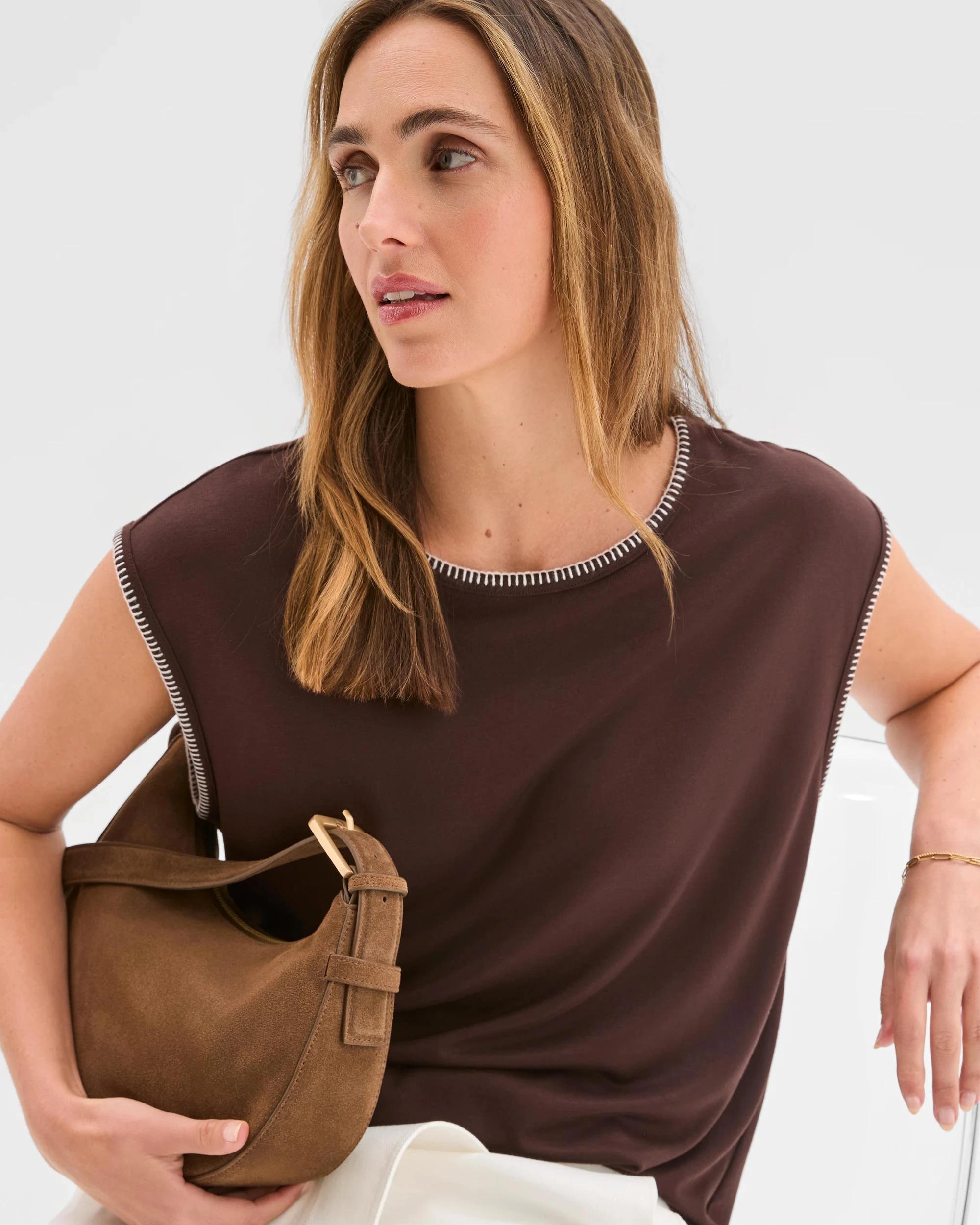 1 Target Woman Short Sleeve Blanket Stitch T-Shirt ESPRESSO/CLOUD DANCER, 1 of 6