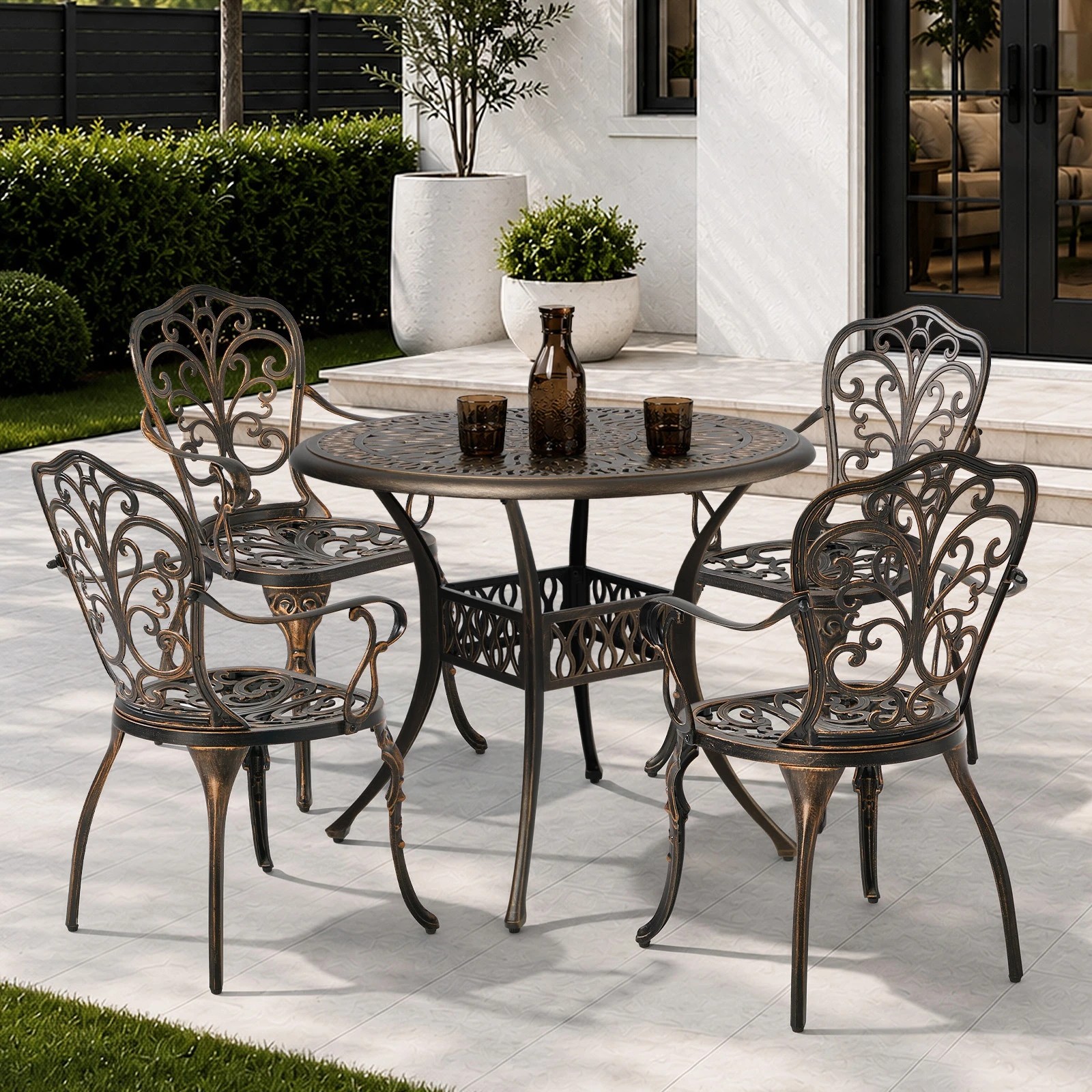 3 Livsip 5 Piece Outdoor Patio Set Table Chairs Bistro Cast Aluminium Furniture - Bronze, 3 of 7