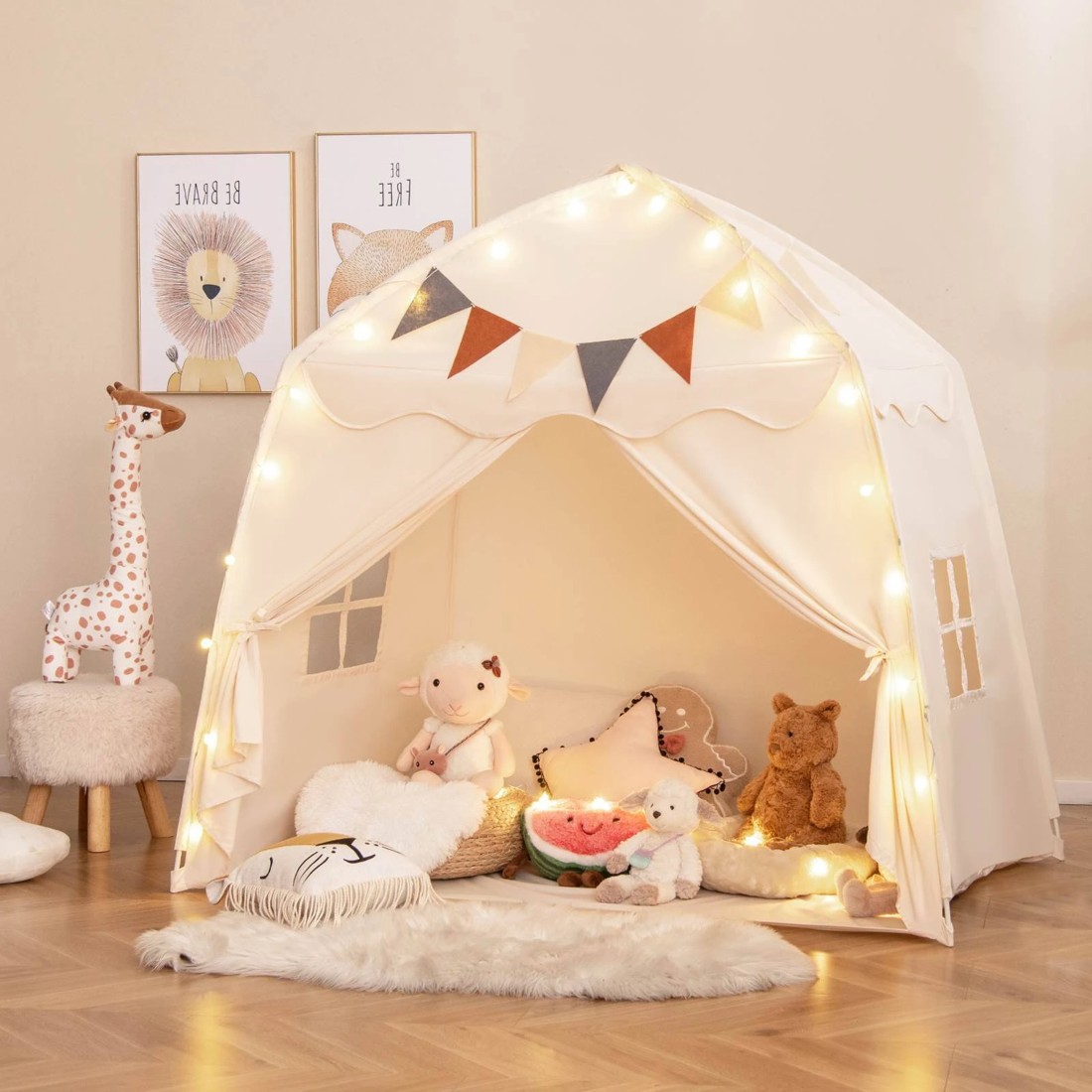 2 Costway Kids Teepee Playhouse Play Tent w/Lights & USB - Beige, 2 of 4