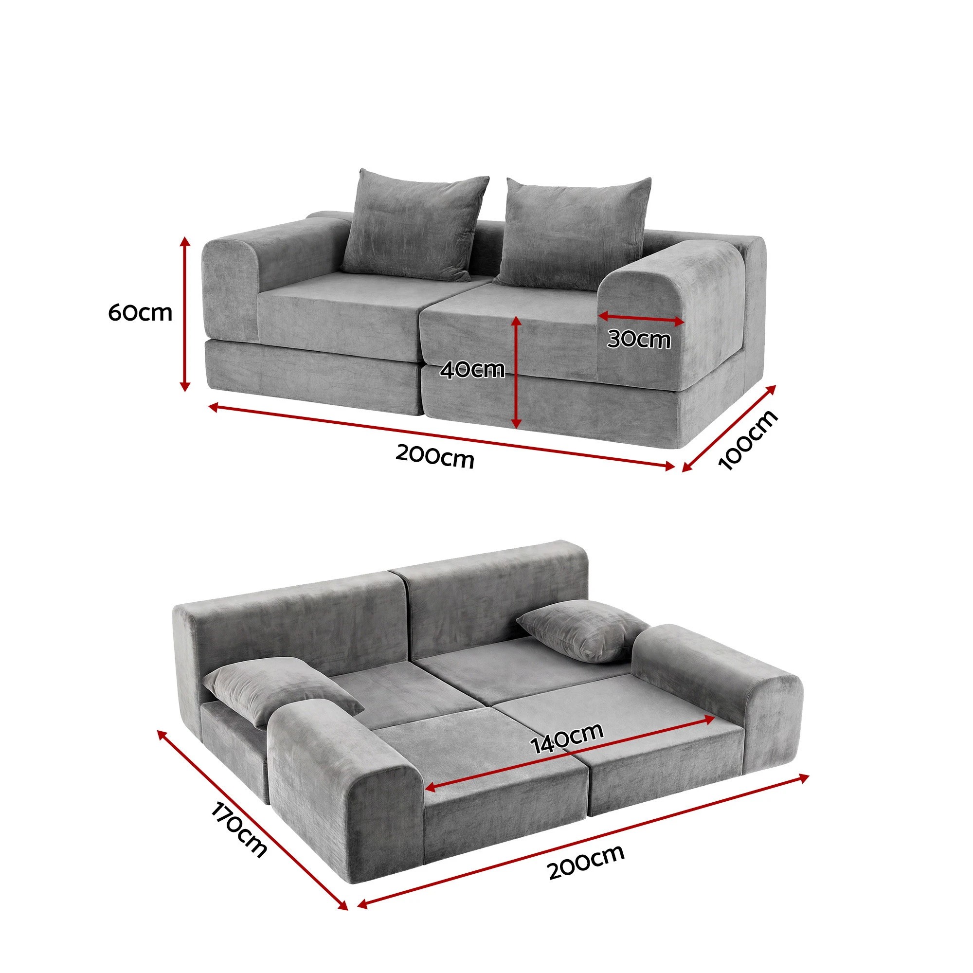 2 Artiss 5-in-1 Convertible Sofa Bed Floor Mattress Modular Boneless Curved Couch - Grey, 2 of 10