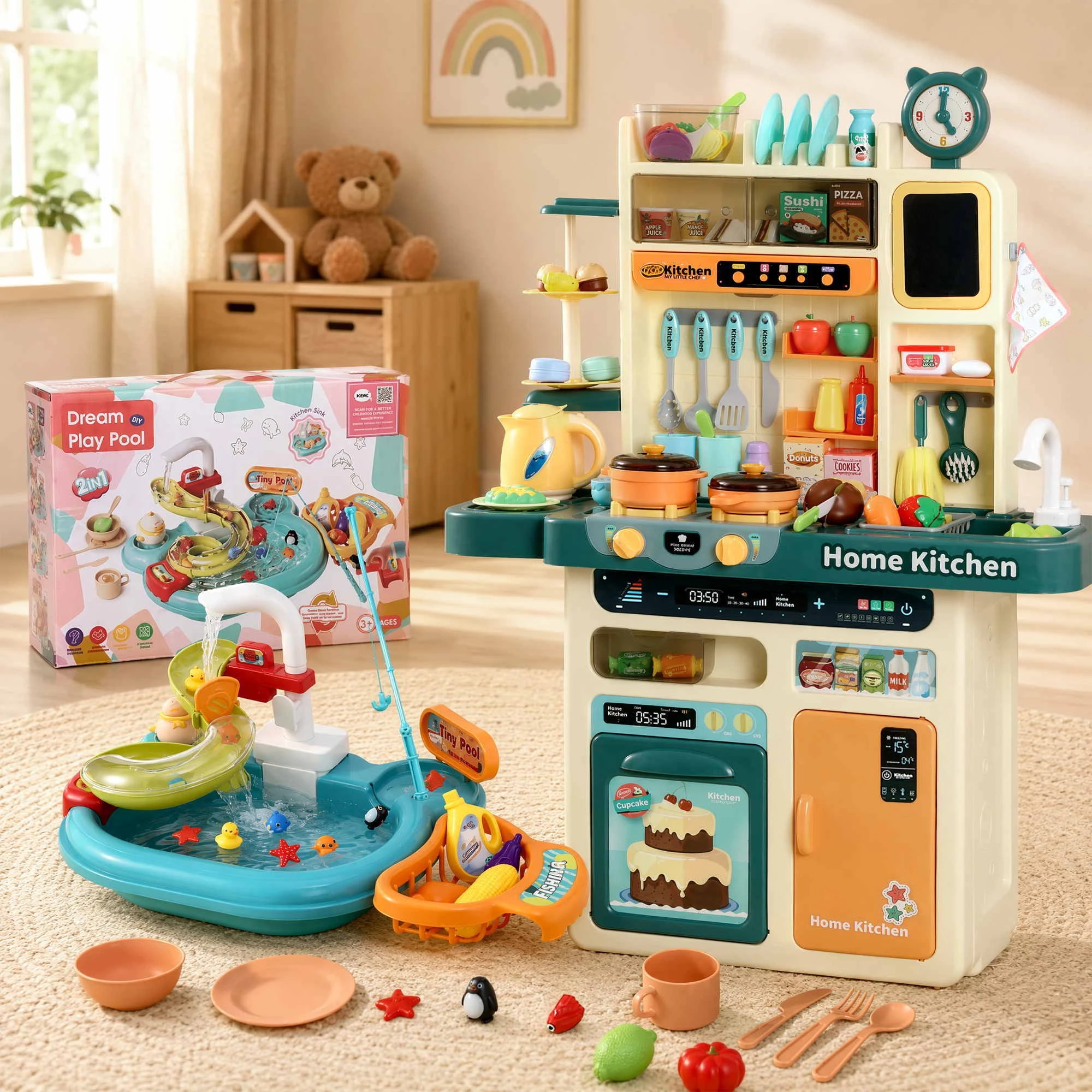 2 Keezi 2 Piece Kids Pretend Kitchen Playset Water Toys Fishing Game - Multi, 2 of 9