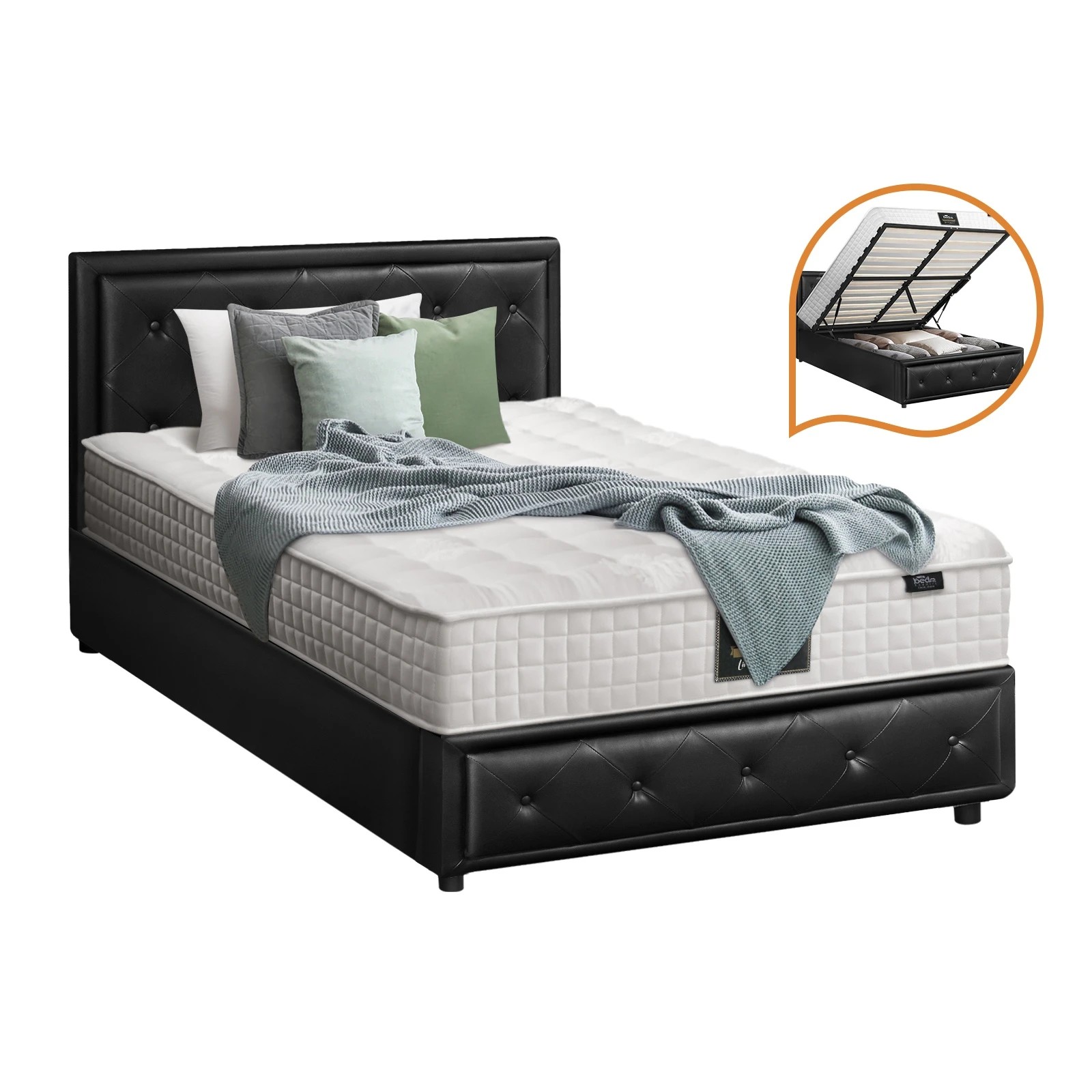 1 Oikiture Bed Frame King Single Gas Lift Storage with Mattress ENZO - Black, 1 of 8