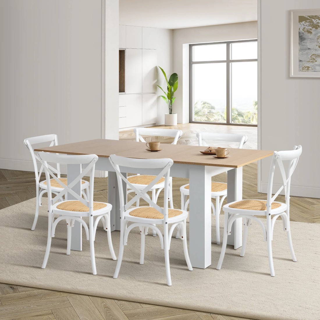 2 Oikiture 160cm Extendable Dining Table With 6pcs Dining Chairs Crossback
 - Multi, 2 of 10