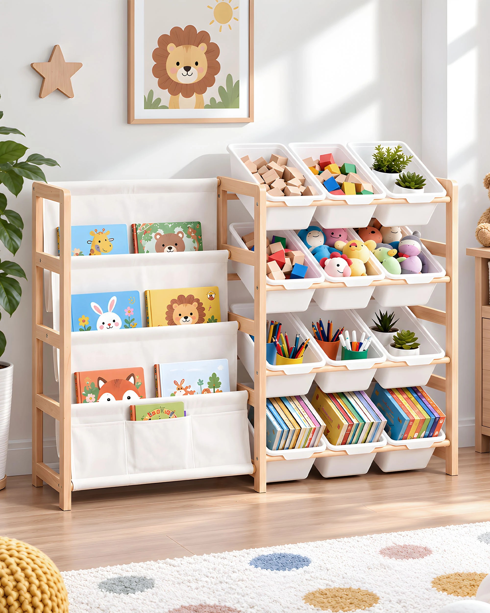 8 Playpals Montessori Toy Storage Organizer with Bookshelf Wooden Kids Book Rack and 12 Toy Bins, 8 of 8