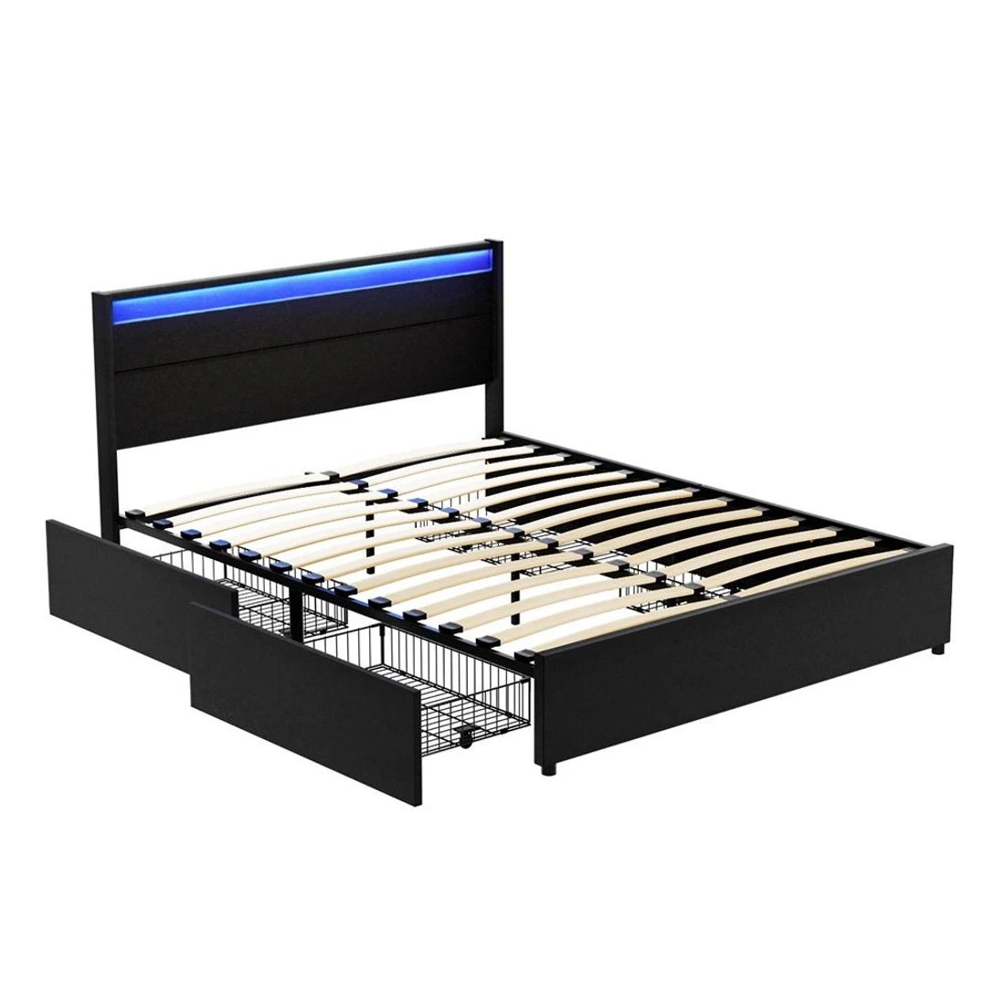 2 Artiss Bed Frame Double Size LED with 4 Drawers  DUNN - Black, 2 of 7