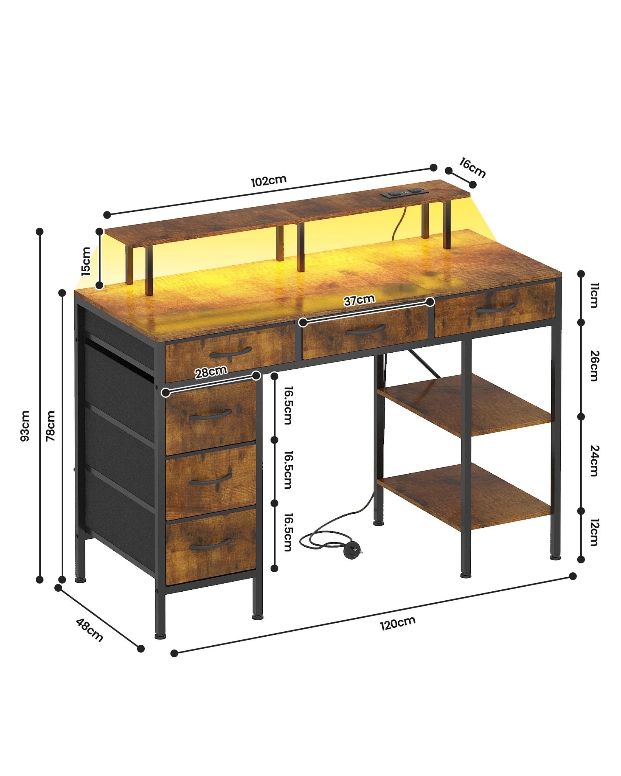 5 Advwin Computer Desk with LED Lights & Power Outlets, 120cm Gaming Desk with 6 Fabric Drawers, 5 of 9