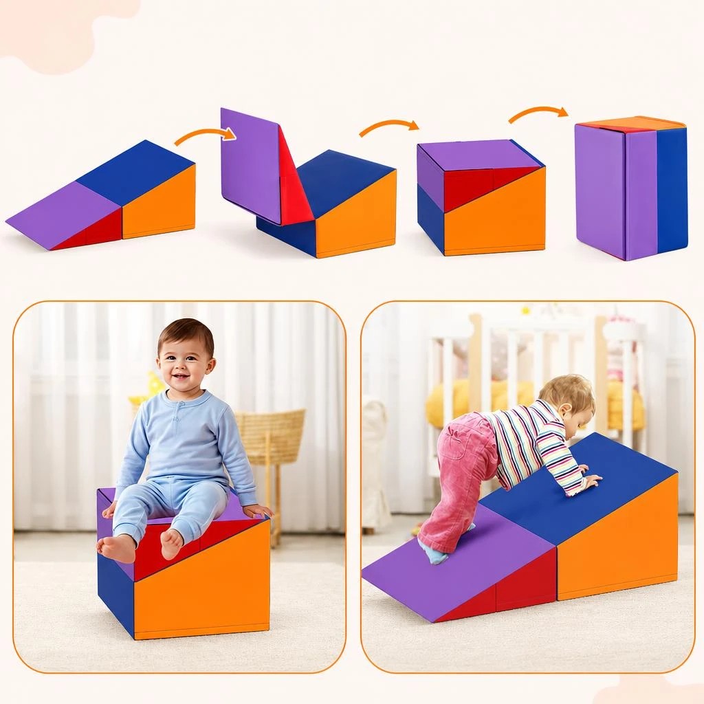 5 Costway 7-Piece Foam Climbing Blocks Soft PU Leather Play Gym Baby Climber - Yellow, 5 of 7