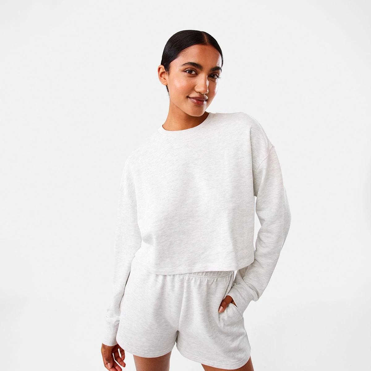 1 Active Womens Cropped Crew Neck Relaxed Sweatshirt White Marl, 1 of 10