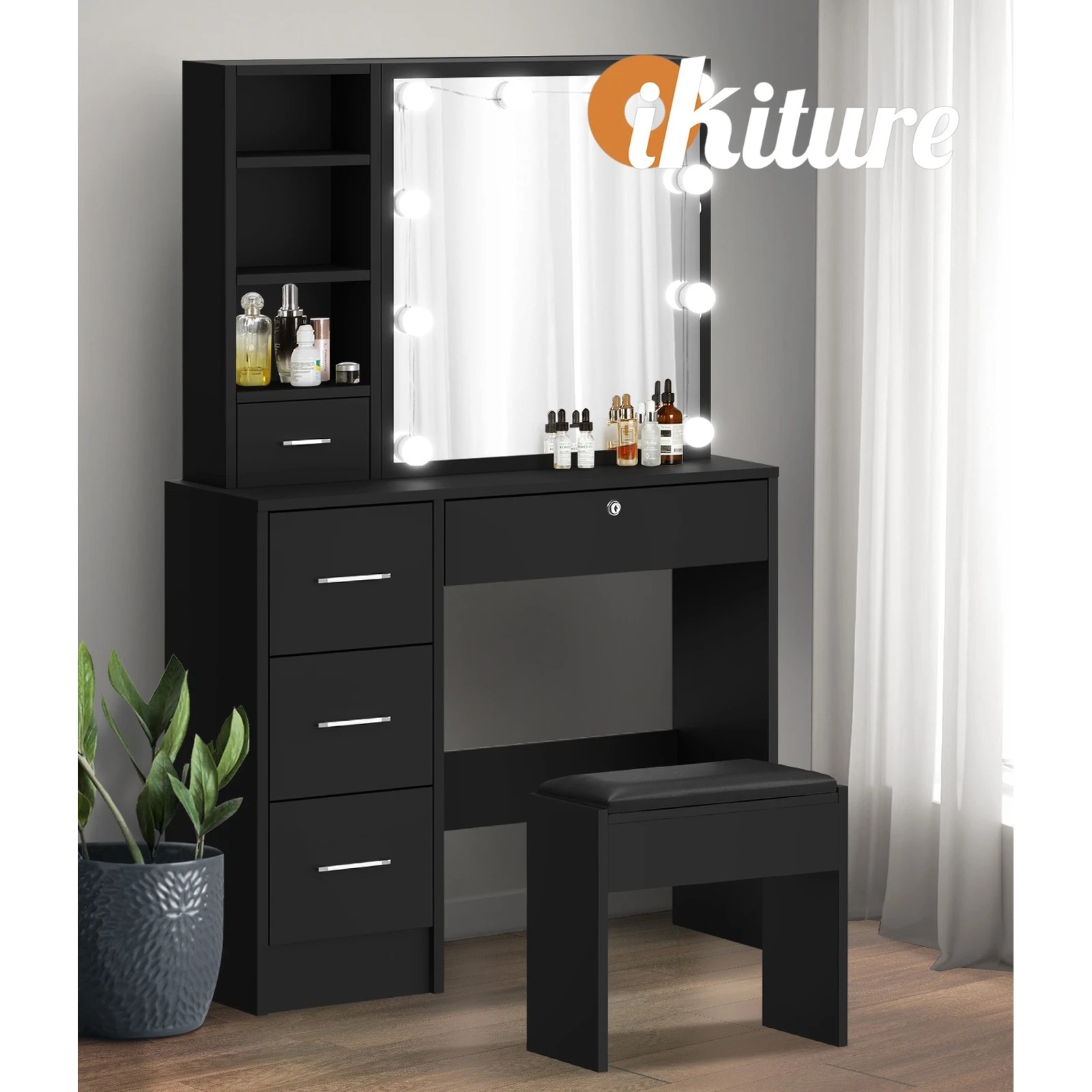 6 Oikiture Dressing Table Stool Set Makeup Slide Mirror Drawer 10 Led Bulbs
 - Black, 6 of 9