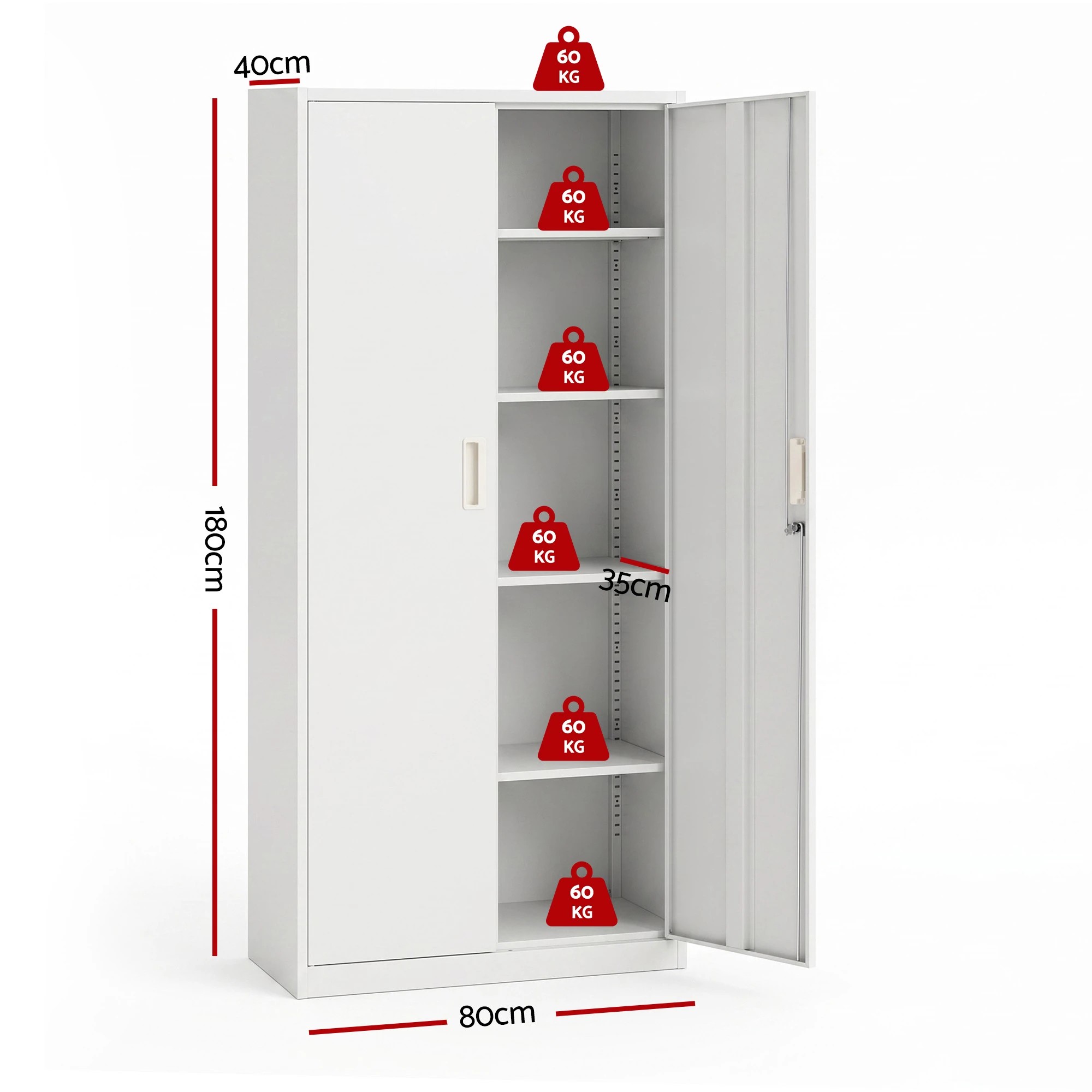 2 Artiss 180cm Steel Locker Cabinet Metal Storage 4 Adjustable Shelves - White, 2 of 7