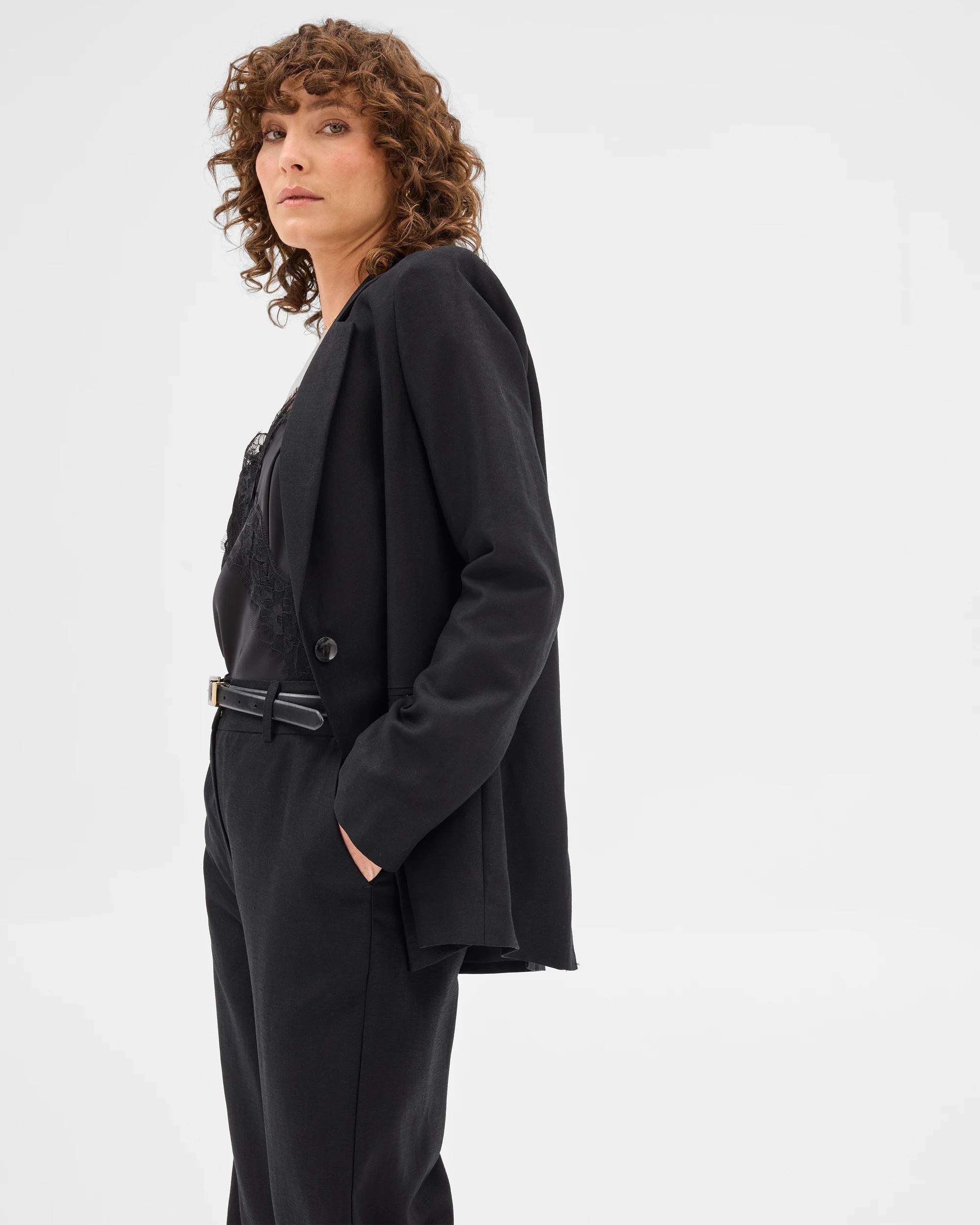 3 Linen Blend Single Breasted Blazer - Preview BLACK, 3 of 7