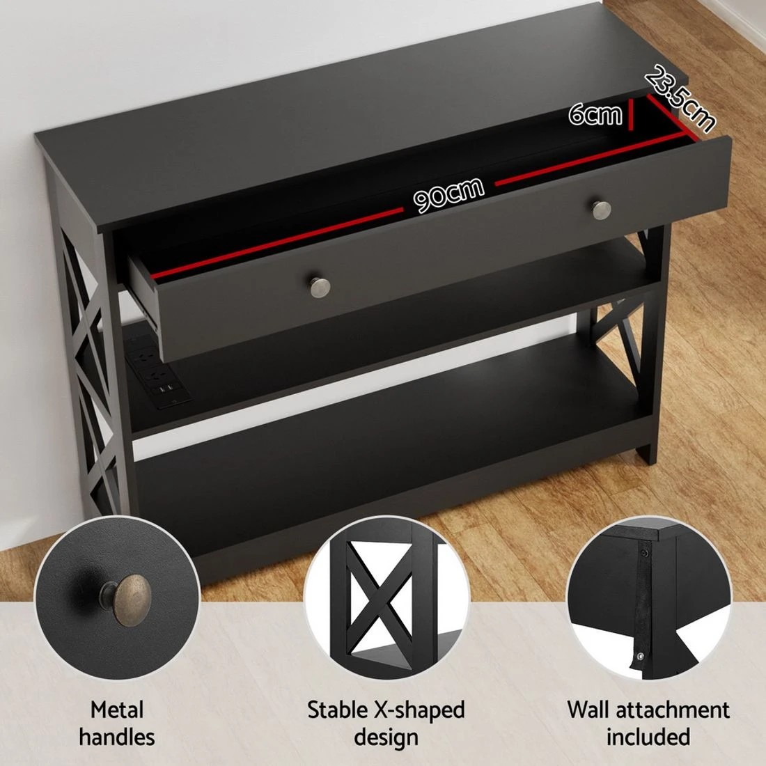 8 Artiss Console Table 3-tier USB Outlets - Black, 8 of 8