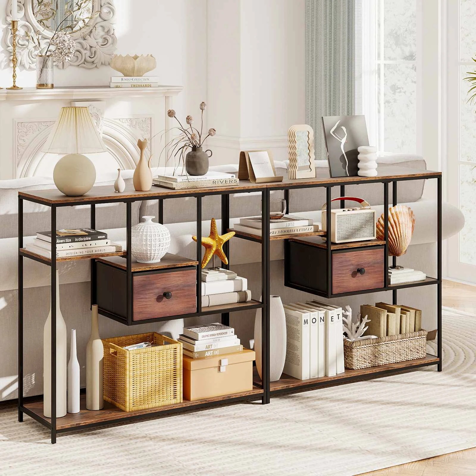 Costway 100cm Console Table Bookshelf 4-Tier Shoe Rack w/Drawer - Brown ...