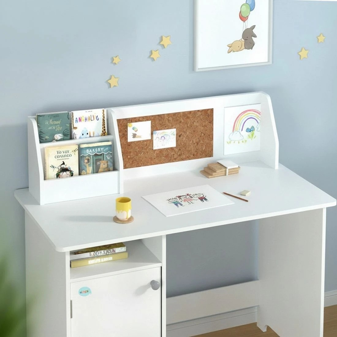 6 Keezi Kids Table and Chair Set Children Study Play Toys Desk w/ Cabinet - White, 6 of 8