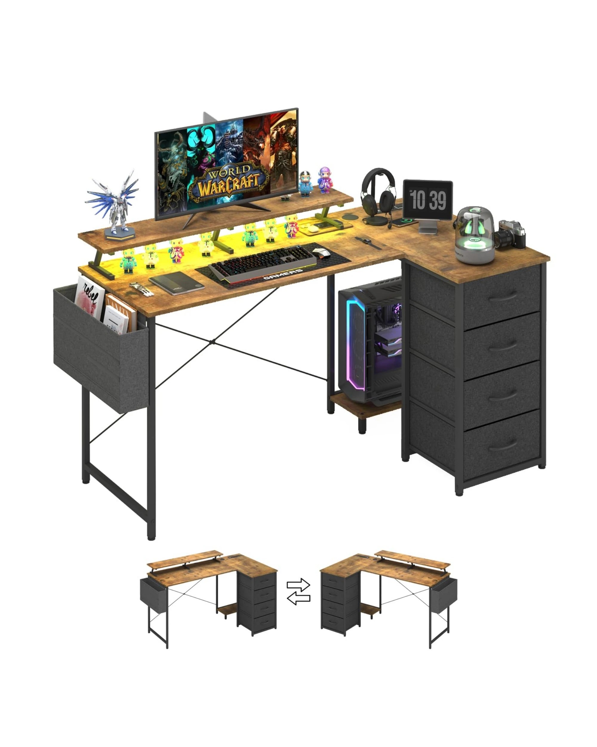 1 Advwin 160cm L Shaped Gaming Desk With Power Outlets Convertible LED Computer Desk Walnut, 1 of 4