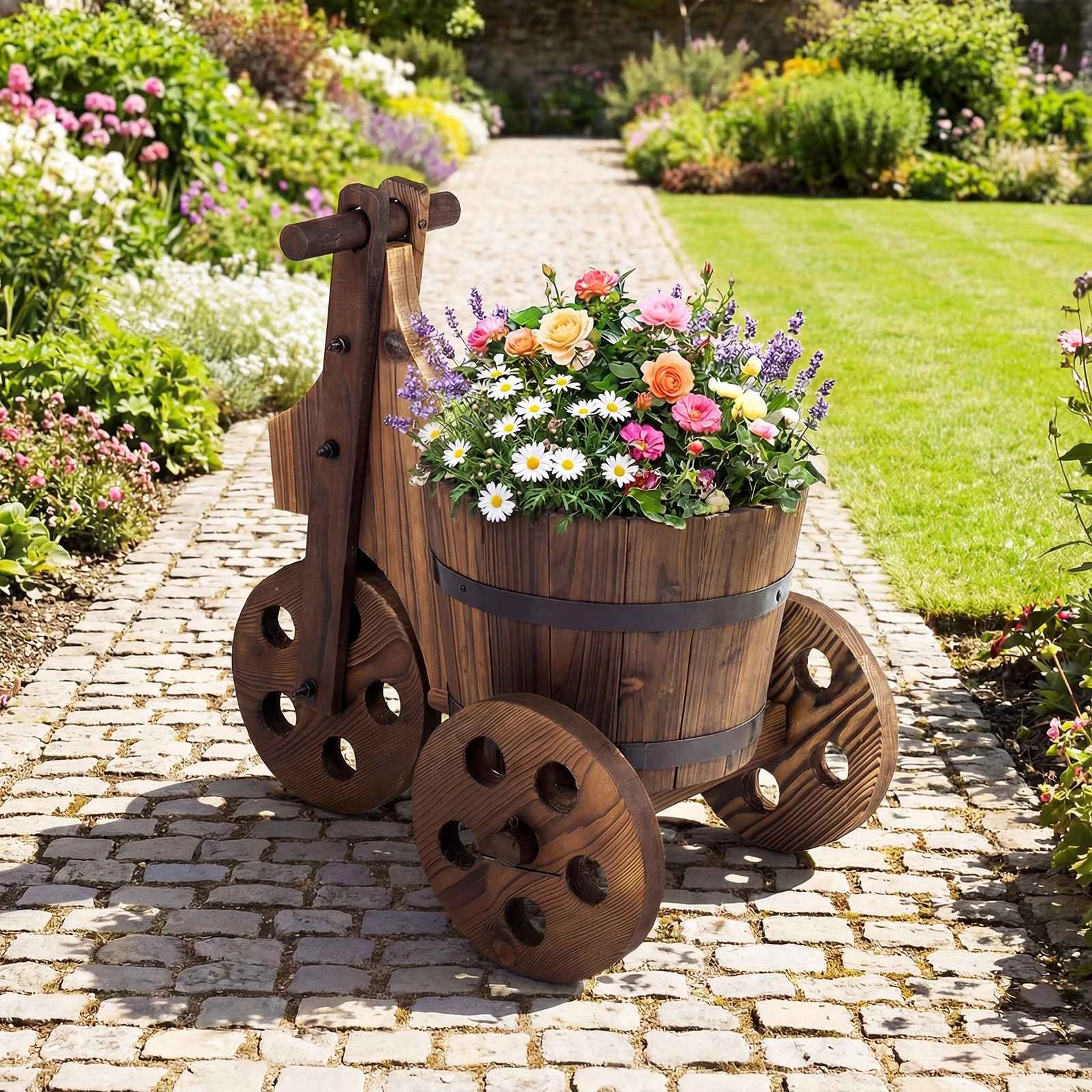 1 Costway Flower Cart Rustic Wood Tricycle Planter Indoor Outdoor 3 Wheel Barrow Patio, 1 of 2