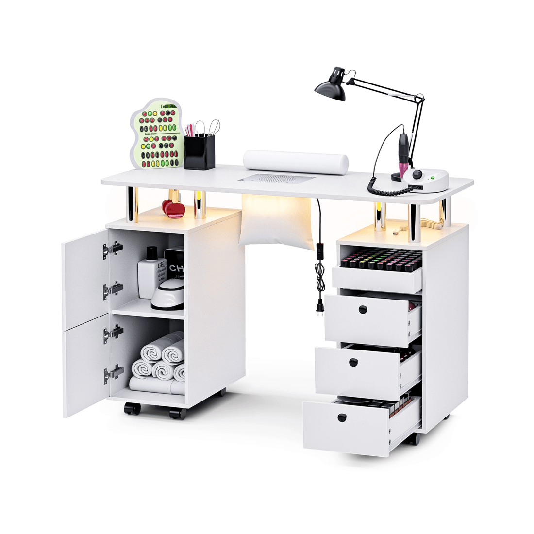 7 Advwin Manicure Table Vanity Desk w/Dust Collector Floating Light Wrist Rest Lockable Wheels Drawers Cabinet - White, 7 of 10
