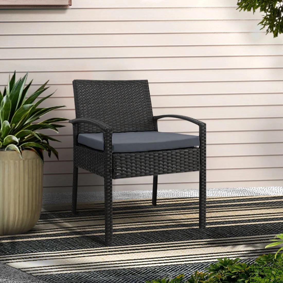 3 Gardeon Outdoor Dining Chairs Patio Furniture Rattan Lounge Chair Cushion - Black, 3 of 4