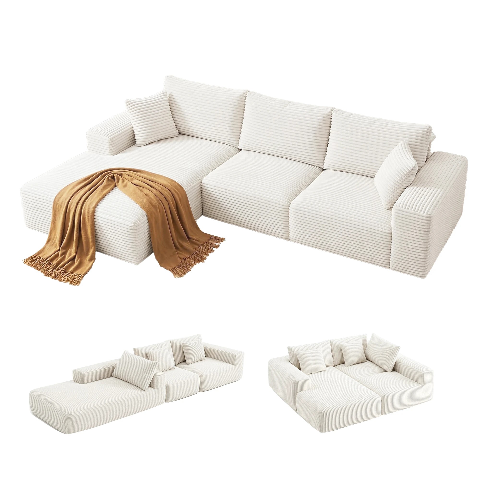 1 Artiss 3 Seater Modular Sofa Bed Sectional Boneless Couch for Living Room Corduroy Compressed Sofa - White, 1 of 4