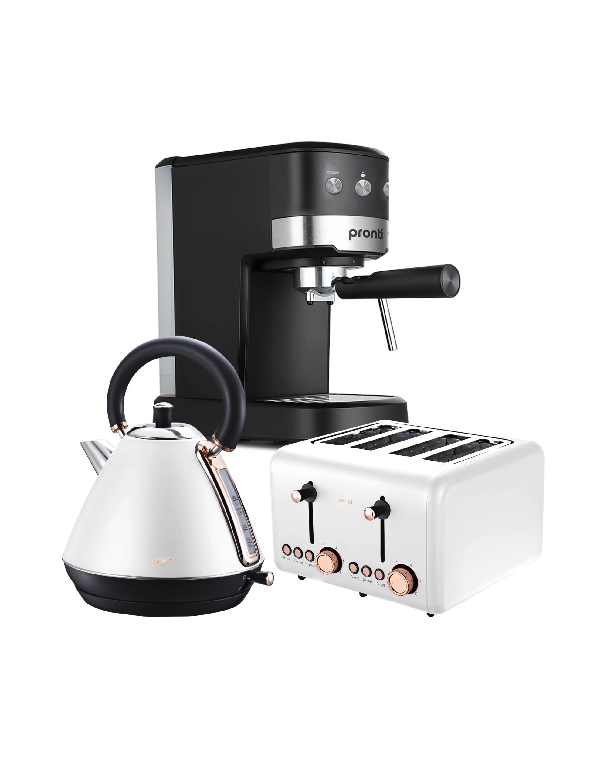 1 Pronti Breakfast Set with Rose Gold Kettle and Toaster with 1.25L Espresso Machine - White, 1 of 5