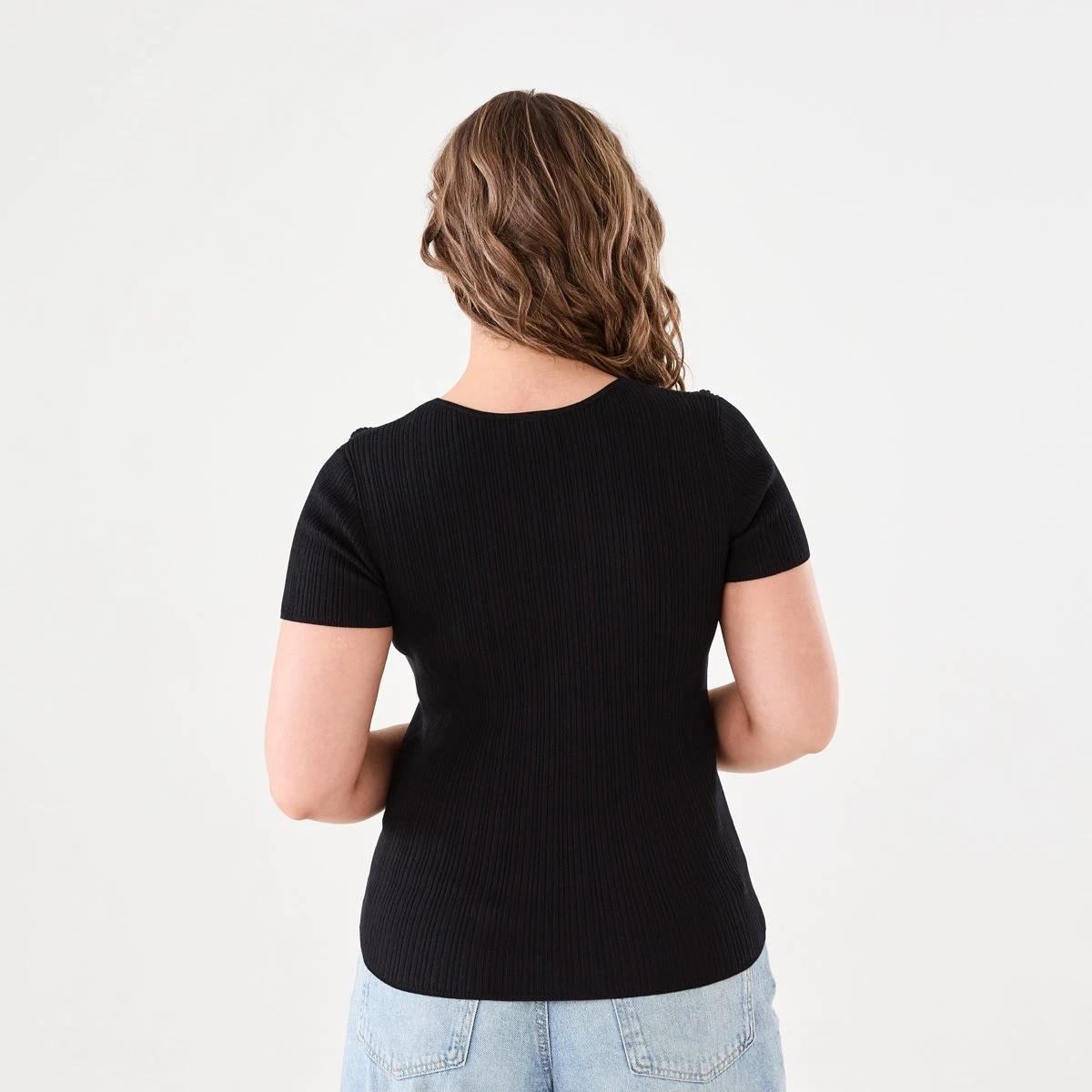 3 Short Sleeve True Knit V-Neck Rib Top BLACK, 3 of 5