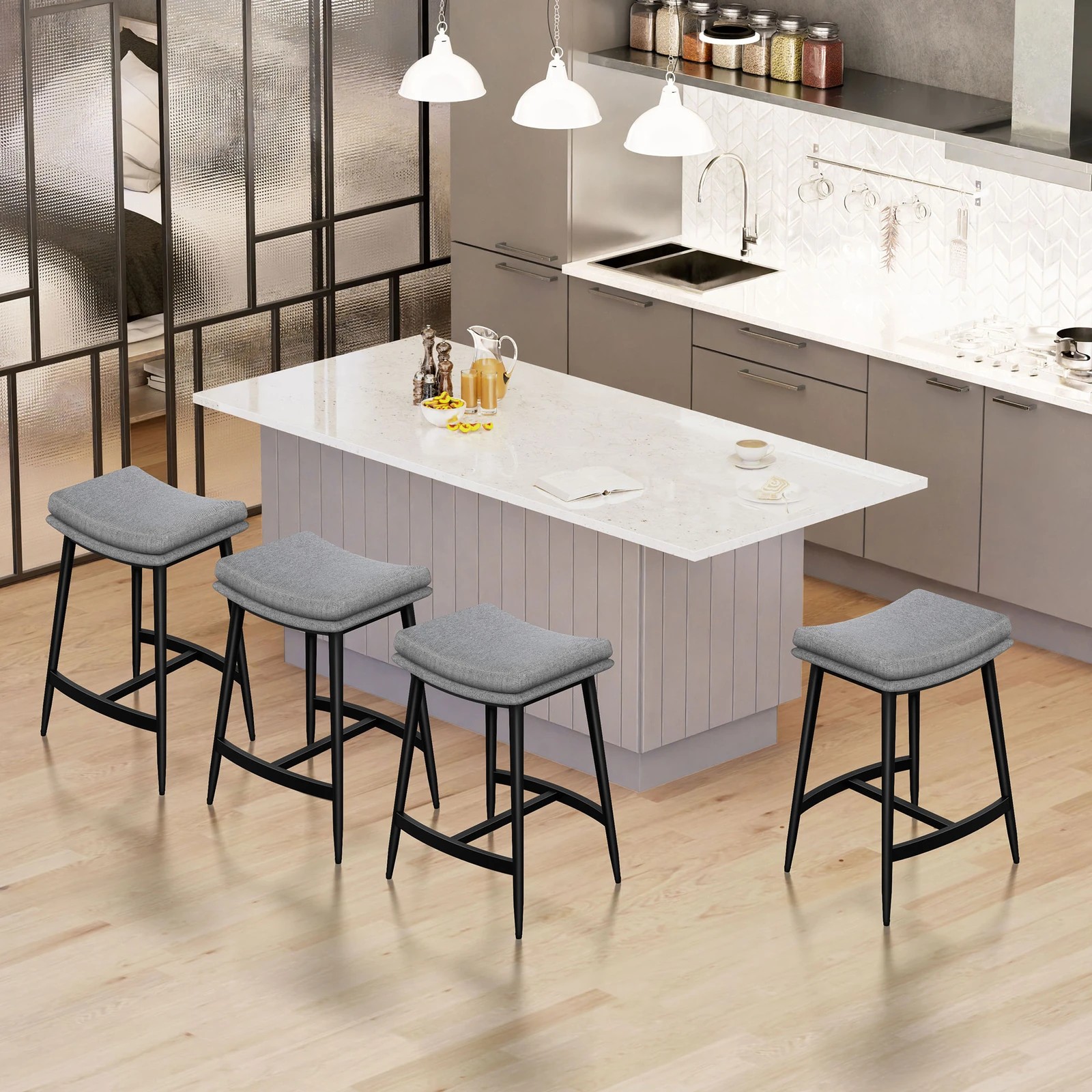 2 Alfordson 4x Bar Stools Saddle Seat Fabric - Grey, 2 of 9