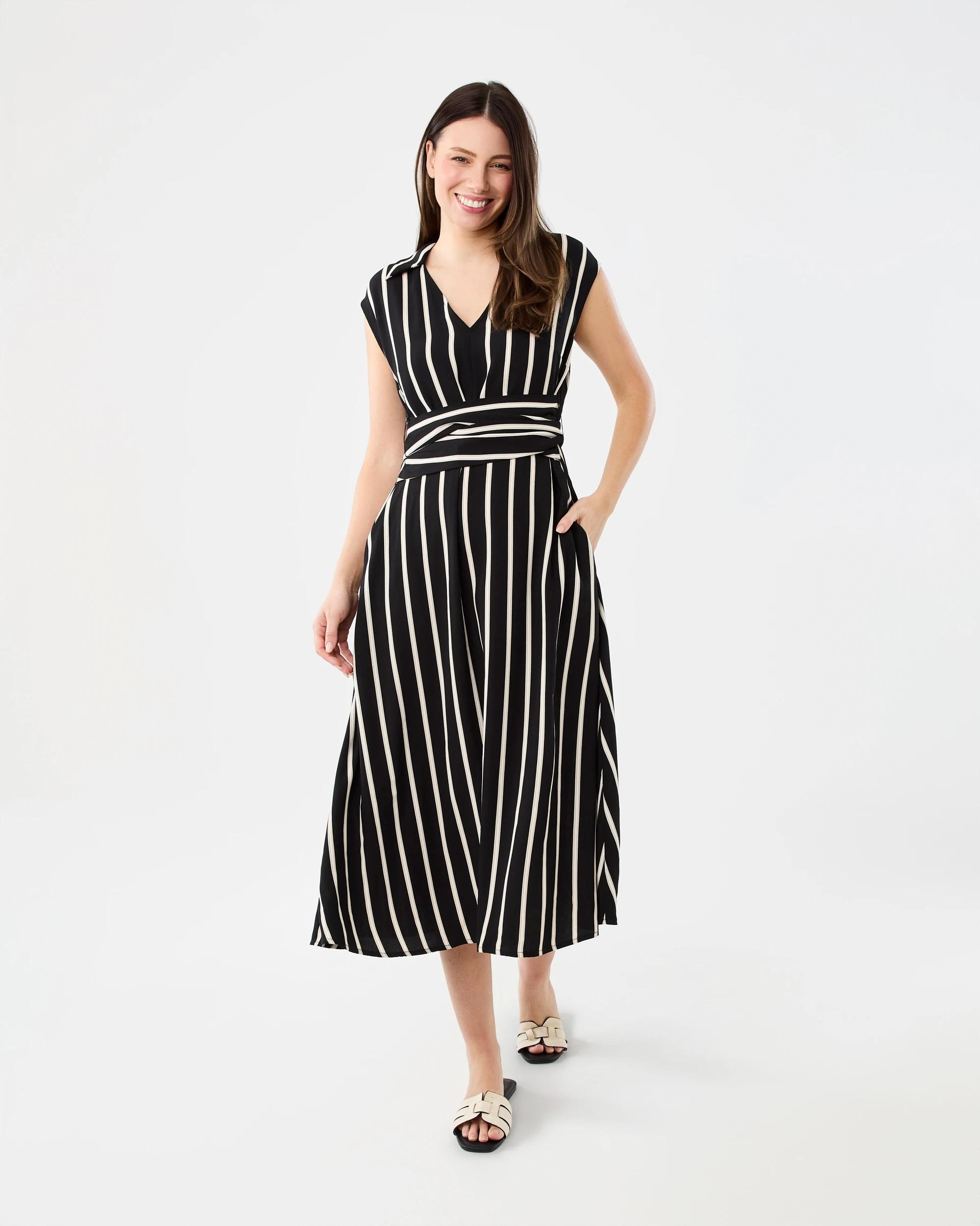 2 Short Sleeve Wrap Shirt Midi Dress Strp Blk, 2 of 8