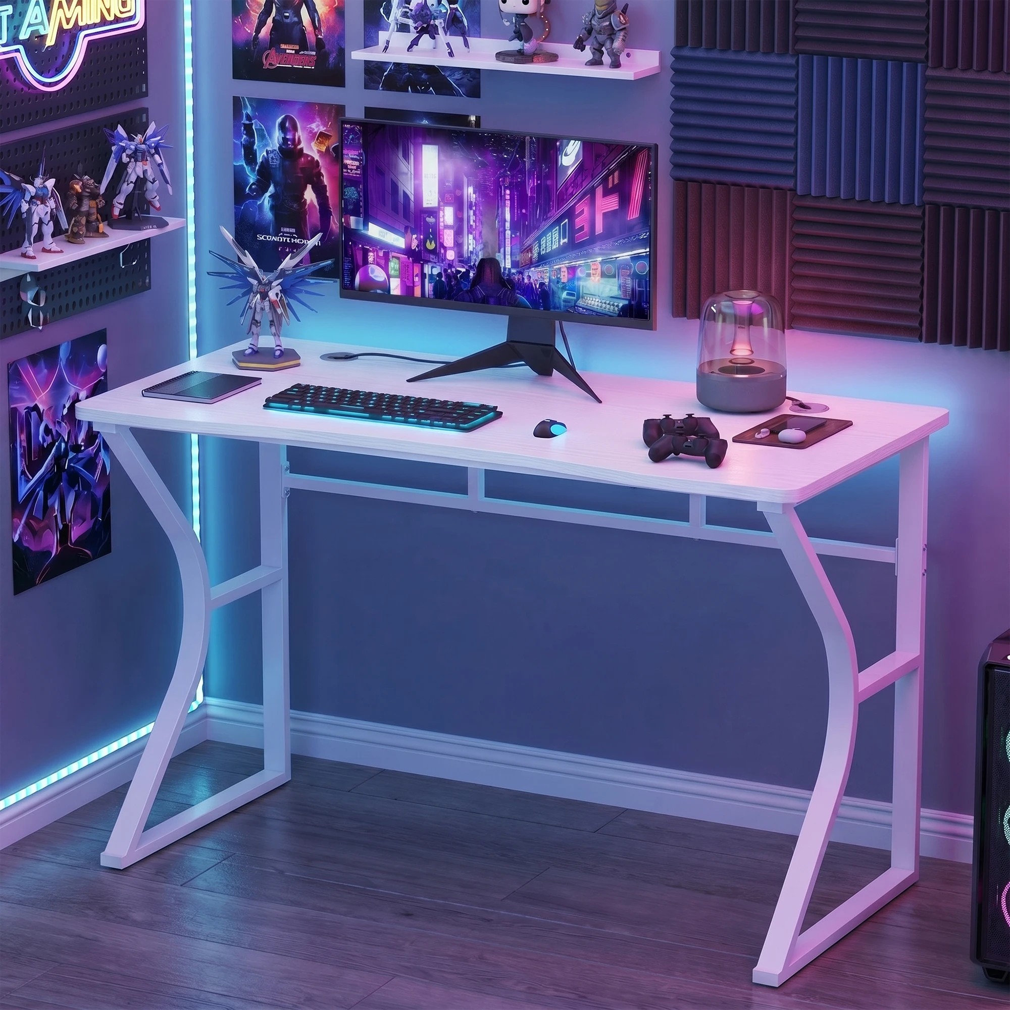 2 Advwin 120cm Computer Desk with Cable Holes, Home Office Desk with K-Shape Metal Legs, Spacious Workstation - White, 2 of 7