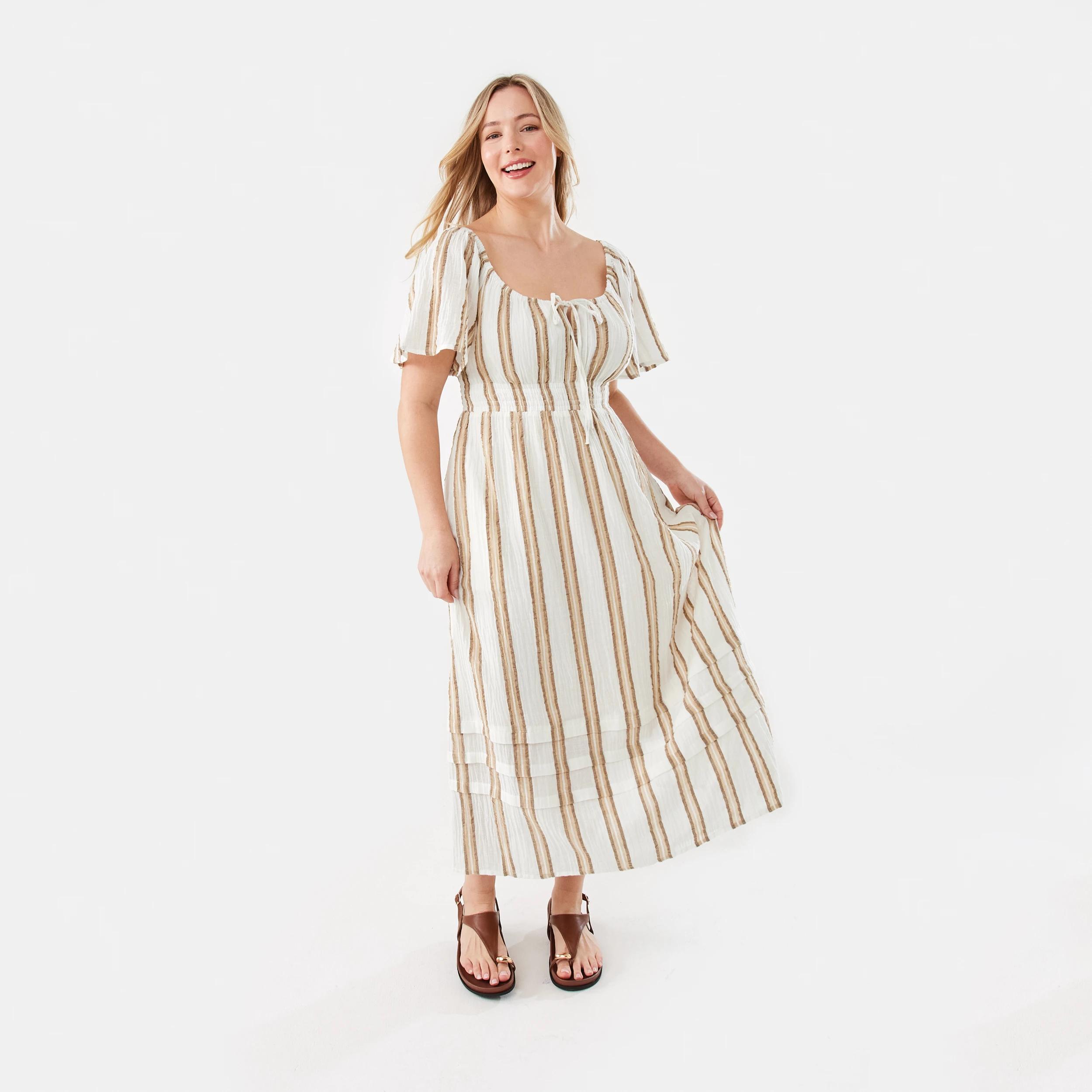 1 Short Sleeve Tie Front Midi Dress Beige Strp, 1 of 10