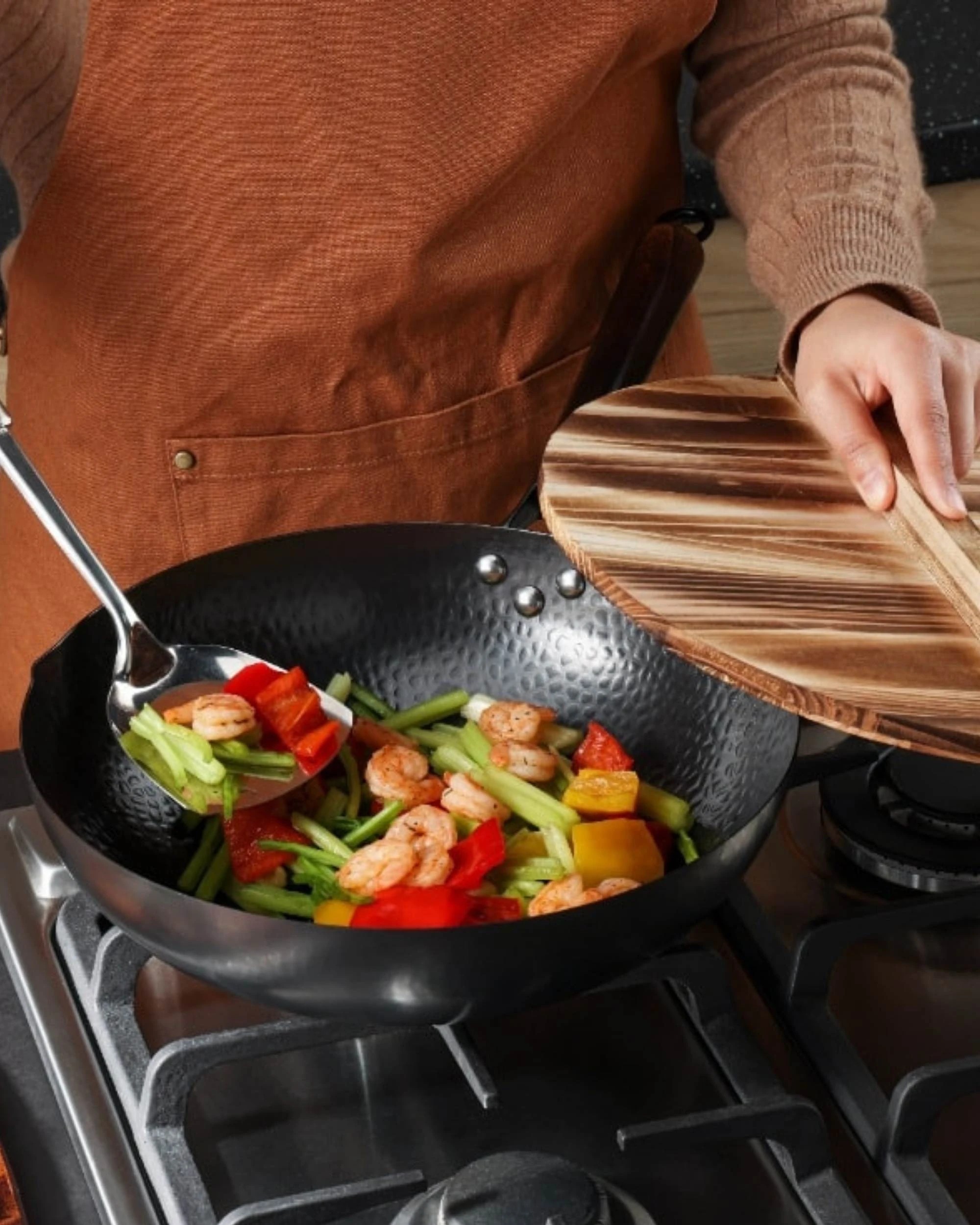 2 Kitchee 32cm Induction Wok Carbon Steel Flat Bottom with Lid + Spatula Set, 2 of 3