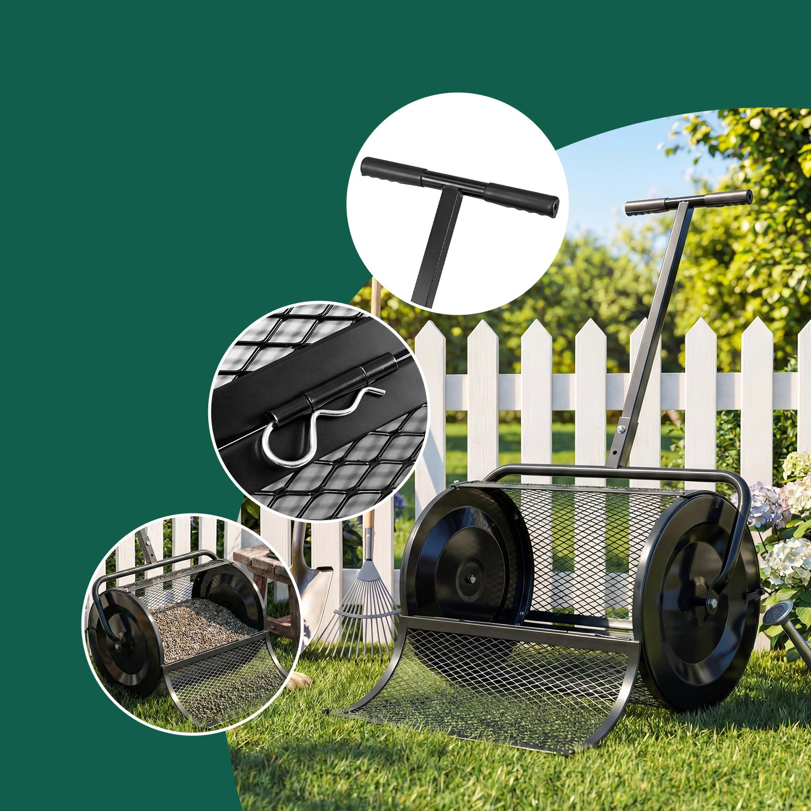 4 Costway Compost Spreader 61cm Peat Moss Spreader Roller w/Adjustable Handle Metal Mesh Basket - Black, 4 of 5